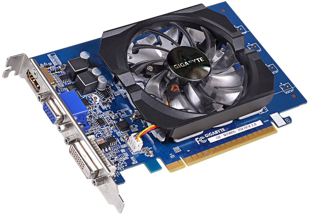 Gigabyte GeForce GT 730 2GB видеокарта (GV-N730D5-2GI)GV-N730D5-2GI Gigabyte GeForce GT 730 2GB видеокарта (GV-N730D5-2GI)GV-N730D5-2GIВидеокарта GT 730 также обеспечивает в 3 раза более высокую производительность в играх, чем встроенная графика, при этом гарантируя надежность и стабильность работы благодаря GeForce Experience.Режим сглаживания NVIDIA FXAAСглаживание выравнивает зубчатые границы изображения, но может быть очень требовательным к частоте смены кадров. FXAA — это новая технология сглаживания, которая обеспечивает прекрасные плавные линии при минимальном влиянии на производительность. Благодаря GPU на базе архитектуры Kepler ты можешь включить FXAA в сотнях играх через Панель управления Nvidia.PureVideo HDСочетание ускорения декодирования HD видео и постобработки, обеспечивает проигрывание видео без помех, потрясающую чистоту изображения, четкость цвета и точное масштабирование изображения в фильмах и видео. Все это с невероятной эффективностью энергопотребления.Потоковое аудио форматов TrueHD и DTS-HDПолная поддержка TrueHD и продвинутых кодеков для многоканального HD аудио без сжатия DTS-HD дарит вам невероятное наслаждение звуком прямо у вас дома.Adaptive Vertical SyncНичто не отвлекает так, как дрожание кадров и разрывы изображения. Первое происходит, когда частота смены кадров низкая, второе – когда она слишком высокая. Технология Adaptive V-Sync – прекрасный способ обработки кадров. При высокой частоте смены кадров V-sync включается для устранения разрывов изображения, при низкой – отключается, чтобы свести дрожание до минимума. Это позволяет не отвлекаться, поэтому ты можешь продолжить игру.