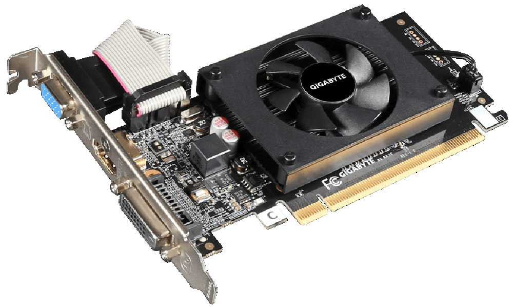 Gigabyte GeForce GT 710 1GB видеокарта (GV-N710D3-1GL)GV-N710D3-1GL Gigabyte GeForce GT 710 1GB видеокарта (GV-N710D3-1GL)GV-N710D3-1GLВидеокарта Gigabyte GeForce GT 710 также обеспечивает до 70% более высокую производительность в играх по сравнению со встроенной графикой, обеспечивая надежность и стабильность благодаря приложению GeForce Experience.PCI Express 2.0Эта карта разработана для нового интерфейса PCI Express 2.0, обеспечивающего высочайшую скорость передачи данных для игр завтрашнего дня, которым требуется высокая производительность и 3D-приложений. В то же время она сохраняет обратную совместимость с материнскими платами PCI Express.HDMIПрочные позолоченные контакты гарантируют оптимальное качество передачи сигнала с помощью данного интерфейса.OC GURU llИнтуитивно понятный интерфейс помогает пользователю изменять основные параметры и получать прямой доступ к обновлениям драйверов и БИОСа. Настройки и параметры, частота GPU, режим работы вентиляторов, напряжение, и другие настройки могут быть отображены и настроены в режиме реального времени.Adaptive Vertical SyncНичто не отвлекает так, как дрожание кадров и разрывы изображения. Первое происходит, когда частота смены кадров низкая, второе – когда она слишком высокая. Технология Adaptive V-Sync – прекрасный способ обработки кадров. При высокой частоте смены кадров V- Sync включается для устранения разрывов изображения, при низкой – отключается, чтобы свести дрожание до минимума. Это позволяет не отвлекаться, поэтому ты можешь продолжить игру.nVidia PhysXПолная поддержка технологии nVidia PhysX позволяет вывести на новый уровень физические эффекты в играх для более динамичной и реалистичной игры с GeForce.