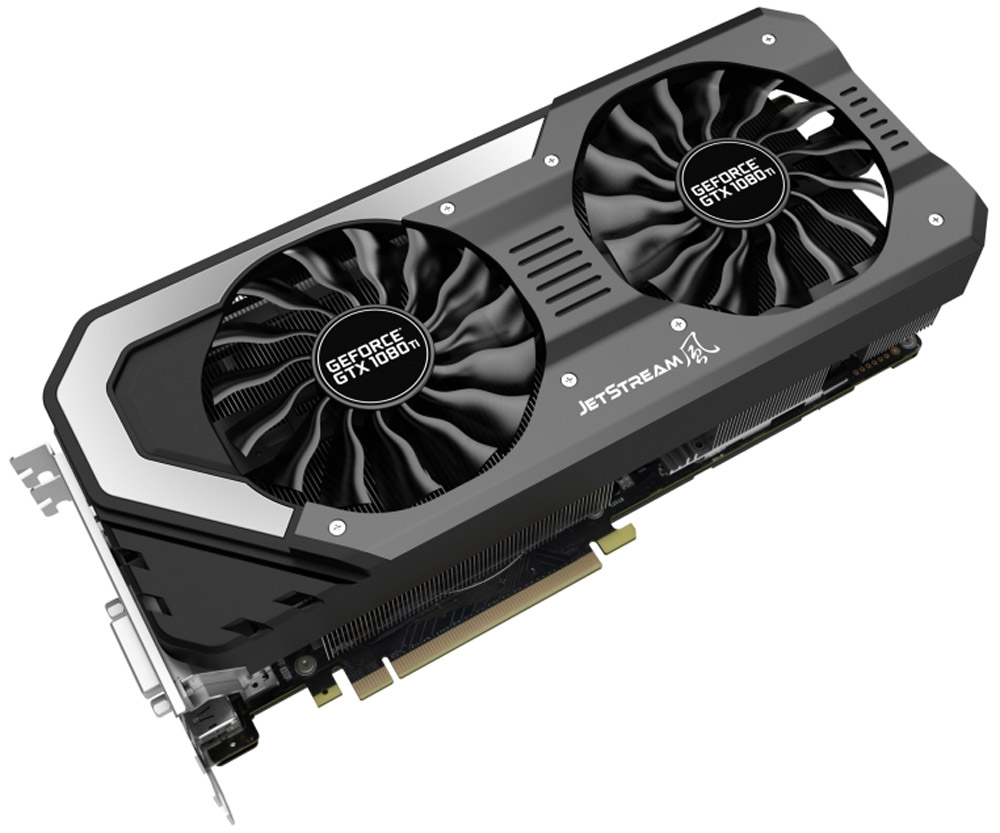 Palit GeForce GTX 1080 Ti JetStream 11G 11GB видеокартаNEB108T015LC-1020J Palit GeForce GTX 1080 Ti JetStream 11G 11GB видеокартаNEB108T015LC-1020JАрхитектура нового поколения NVIDIA Pascal с высокой энергоэффективностью и поддержкой современных игровых технологий гарантируют пользователям видеокарт Palit GeForce GTX 1080 Ti JetStream 11G производительность ультрасовременного уровня и уникальный игровой опыт!Видеокарты серии Palit JetStream отличаются продвинутыми системами охлаждения и оптимизированной конструкцией для достижения максимальной игровой производительности.Видеокарты серии GeForce GTX 10 созданы на основе архитектуры Pascal и обеспечивают увеличение производительности до 3-х раз по сравнению с видеокартами предыдущего поколения, а также они поддерживают новые игровые технологии и революционные возможности VR.Захватывайте изображение и создавайте внутриигровые скриншоты с углом обзора 360 градусов. Делайте скриншоты с любой точки обзора, редактируйте их с помощью фильтров постобработки, записывайте HDR изображения в высоком разрешении и просматривайте их с обзором 360 градусов с помощью смартфона, ПК или гарнитуры виртуальной реальности.Цвет светодиодной RGB-подсветки может изменяться в зависимости от температуры видеокарты, что позволяет определить температуру и нагрузку по внешнему виду. Поддержка 16.8 миллионов цветов предоставляет возможность индивидуальной настройки каждому пользователю в соответствии с личными предпочтениями.Конструкция крепёжной панели с ячейками в виде сот увеличивает отводимый от графического процессора воздушный поток на 15%, что улучшает общую эффективность системы охлаждения.В обычном рабочем режиме и при запуске мультимедийных приложений видеокарта работает беззвучно. Вентиляторы активируются только при увеличении нагрузки, например, в процессе игры, когда температура GPU превышает 60 градусов.Конструкция с двумя вентиляторами удваивает производительность системы охлаждения, а пара умных вентиляторов диаметром 100 мм эффективно отводит тепло от горячих точек видеокарты.Основанные на технологиях реактивных двигателей, вентиляторы TurboFan Blade увеличивают мощность кулера, генерируя мощный воздушный поток и высокое давление.Два вентилятора Smart Fan диаметров 100 мм имеют противоположные направления вращения для снижения взаимного влияния воздушных потоков и увеличения эффективности системы охлаждения.DrMOS, ранее доступная только на высокоуровневых серверных платформах, теперь используется и в новом поколении видеокарт Palit. DrMOS обеспечивает низкую шумность и эффективное снижение тепловыделения в тяжело нагруженных цепях питания.Новый дизайн JetStream использует крупное медное основание, непосредственно контактирующее с GPU, и больше тепловых трубок, эффективно переносящих тепло и охлаждающих видеокарту на 22% лучше.Утилита Palit ThunderMaster для Windows дает возможность увеличить быстродействие видеокарты и следить за режимом ее работы, что возможно только с вашим новым графическим акселератором.