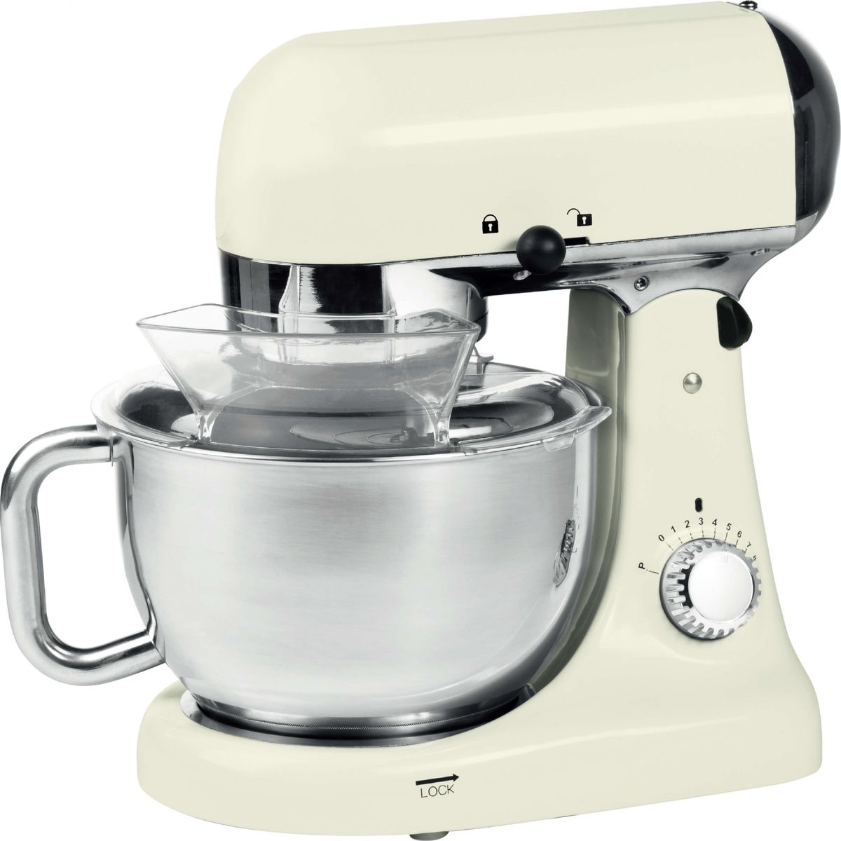 Gemlux GL-SM5CR миксер планетарныйGL-SM5CR Gemlux GL-SM5CR миксер планетарныйGL-SM5CRНастольный планетарный миксер Gemlux GL-SM5CR предназначен для замеса дрожжевого и бездрожжевого теста различной вязкости, взбивания яиц, сливок, кремов и муссов, приготовления пюре, фарша и т.п. Оборудование имеет восемь скоростей вращения мешалки и режим пульс (кратковременное включение на максимальной мощности). В комплект поставки входят: - съемная дежа объемом 4,5 л из нержавеющей стали с ручкой для переноски, - защитная крышка дежи с широким желобом для добавления ингредиентов в процессе замеса. Крышка изготовлена из тритана - это легкий, небьющийся, высокоэкологичный пластик, не теряющий прозрачности с течением времени, - проволочный венчик, - цельнометаллический плоский битер (лопатка), - цельнометаллический двойной крюк запатентованной конструкции для быстрого и эффективного замеса дрожжевого теста. Корпус миксера изготовлен из окрашенного алюминия (цвет кремовый). Рабочая головка откидывается для удобства снятия и установки дежи и мешалки и фиксируется специальным рычагом.