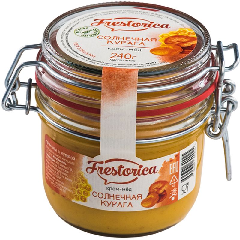 Frestorica крем-мед Солнечная курага, 240 г4665301640025 Frestorica крем-мед Солнечная курага, 240 г4665301640025Сухофрукты в почете у всех, кто следит за своим здоровьем и правильным питанием. Ведь при высушивании в них сохраняются все витамины и микроэлементы. Так, курага содержит много калия и магния в том соотношении, которое необходимо для правильной работы сердечно-сосудистой системы. В сочетании с медом курага превращается в лакомство, которое помогает вам оставаться здоровыми. Это отличный способ почувствовать вкус южных фруктов даже посреди снежной зимы.