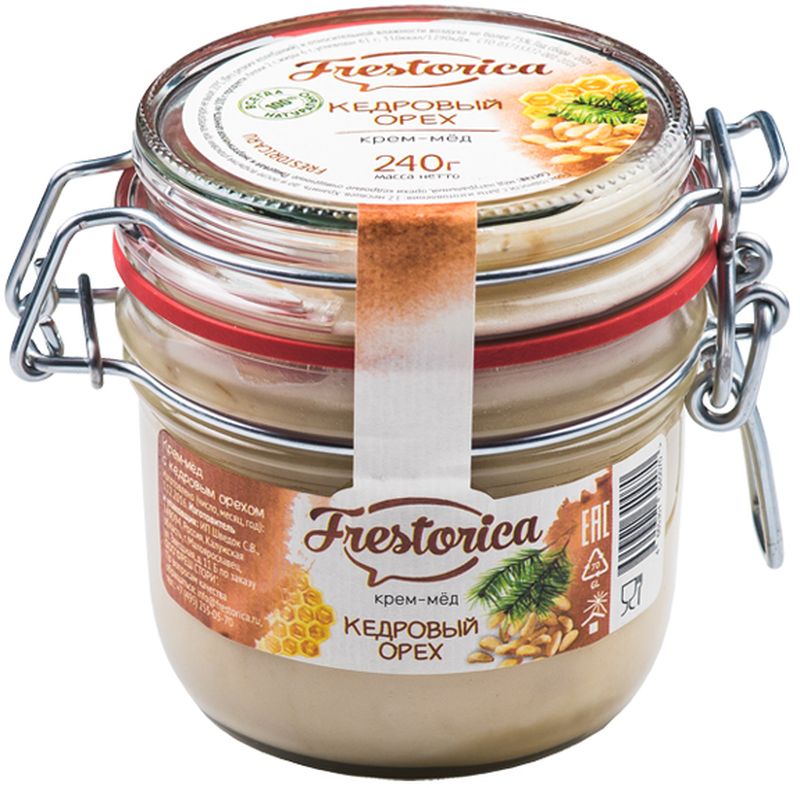 Frestorica крем-мед Кедровый орех, 240 г4665301640070 Frestorica крем-мед Кедровый орех, 240 г4665301640070Орехи – ценный продукт питания. По количеству белка и полезных жирных кислот они зачастую превосходят мясные продукты. А кедровые орехи – лидеры по содержанию полезных веществ среди остальных орехов.Этот традиционный русский продукт снабжает организм человека витаминами группы В, необходимыми для слаженной работы нервной системы.Добавляя кедровые орехи в мед, мы соединяем в одном продукте два традиционных российских лакомства, усиливая их вкус и пользу для вашего здоровья.
