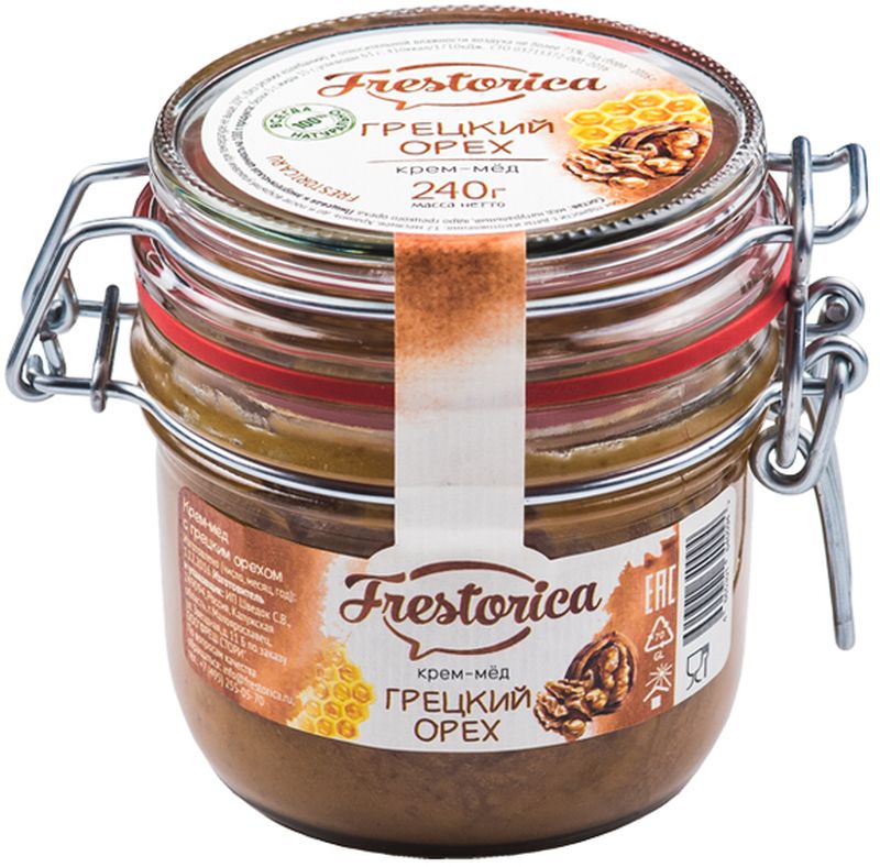 Frestorica крем-мед Грецкий орех, 240 г4665301640094 Frestorica крем-мед Грецкий орех, 240 г4665301640094Знаете ли вы, что грецкий орех в три раза питательнее пшеничного хлеба? В древности считалось, что у тех, кто ест эти орехи ежедневно, повышается умственная и физическая активность. Эти орехи также полезны при анемии, благодаря высокому содержанию железа, меди, цинка, кобальта. Добавляя орехи в крем-мед мы получили сытное лакомство с восточной ноткой и прекрасным вкусом, который наверняка понравится вам и вашим детям.