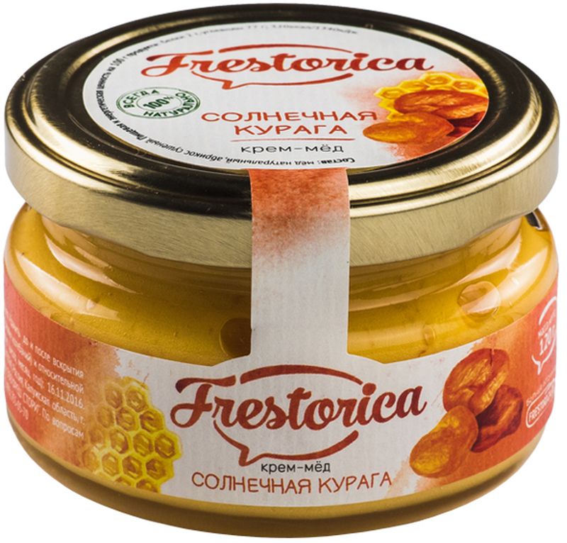 Frestorica крем-мед Солнечная курага, 120 г4665301640223 Frestorica крем-мед Солнечная курага, 120 г4665301640223Сухофрукты в почете у всех, кто следит за своим здоровьем и правильным питанием. Ведь при высушивании в них сохраняются все витамины и микроэлементы. Так, курага содержит много калия и магния в том соотношении, которое необходимо для правильной работы сердечно-сосудистой системы.В сочетании с медом курага превращается в лакомство, которое помогает вам оставаться здоровыми. Это отличный способ почувствовать вкус южных фруктов даже посреди снежной зимы.