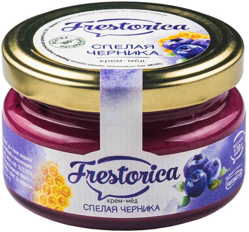 Frestorica крем-мед Спелая черника, 120 г4665301640230 Frestorica крем-мед Спелая черника, 120 г4665301640230Многим известно, что спелые ягоды черники богаты антиоксидантами, а также содержат витамин А и биофлавоноиды, которые благотворно влияют на зрение, снижают утомляемость глаз. Это заметили британские пилоты во время Второй Мировой Войны. Их сумеречное зрение улучшалось после употребления в пищу ягод черники. Эти сообщения усилили интерес к этой ягоде. После изучения полезных свойств, ее стали использовать при лечении самых разных нарушений зрения, а также для укрепления сосудов. Утонченное сочетание янтарного меда и фиолетовой черники радует не только вкус, но и взгляд. Мы соединяем два природных продукта для того, чтобы побаловать вас и новым сочетанием вкусов и дополнительной пользой для здоровья!