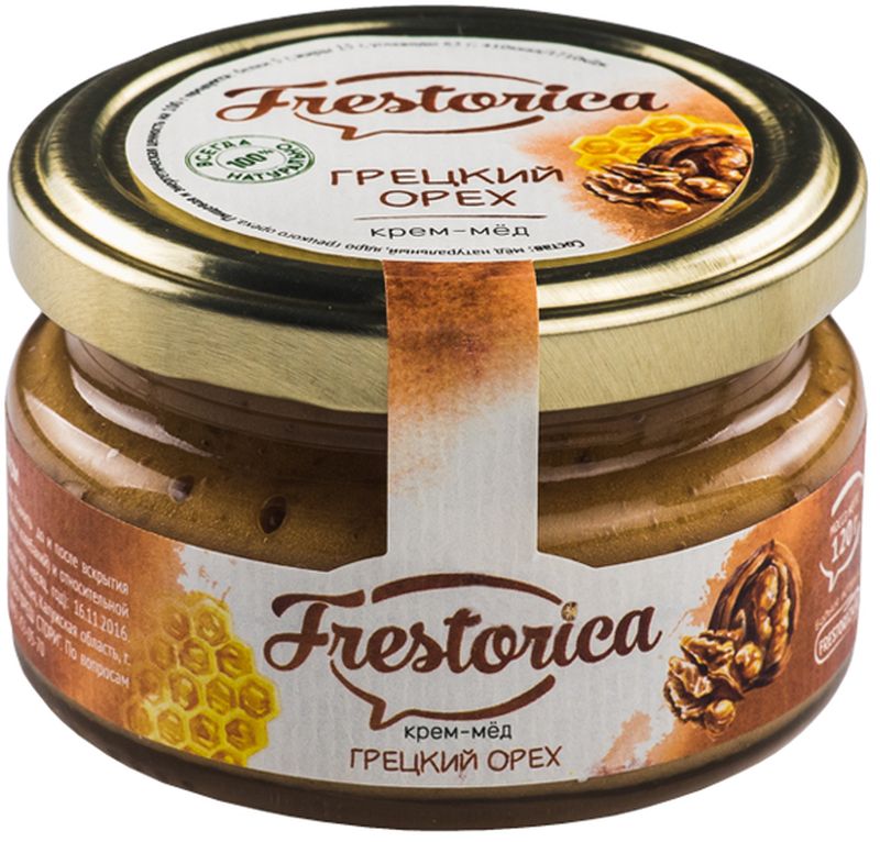 Frestorica крем-мед Грецкий орех, 120 г4665301640292 Frestorica крем-мед Грецкий орех, 120 г4665301640292Знаете ли вы, что грецкий орех в три раза питательнее пшеничного хлеба? В древности считалось, что у тех, кто ест эти орехи ежедневно, повышается умственная и физическая активность. Эти орехи также полезны при анемии, благодаря высокому содержанию железа, меди, цинка, кобальта. Добавляя орехи в крем-мед мы получили сытное лакомство с восточной ноткой и прекрасным вкусом, который наверняка понравится вам и вашим детям.
