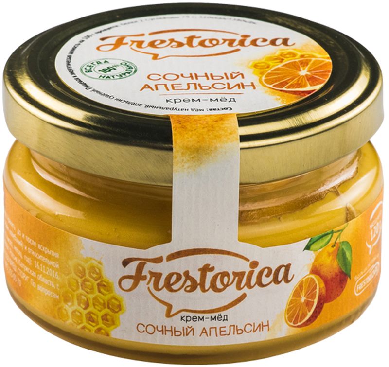 Frestorica крем-мед Сочный апельсин, 120 г4665301640308 Frestorica крем-мед Сочный апельсин, 120 г4665301640308Витамин С, содержащийся в цитрусовых, наиболее изучен и применяется чаще других. Действие этого витамина на организм так разнообразно, что невозможно найти орган или систему, которые бы не нуждались в его достаточном поступлении в организм.Человек, практически единственное существо на планете, в организме которого витамин С не вырабатывается. Поэтому его так важно получать из пищи. Кроме витамина С, апельсины богаты витаминами группы В и РР, а также фосфором, магнием, кальцием, калием, железомДобавляя южный плод в мед средней полосы России мы умножаем пользу двух продуктов, предлагая вам прекрасное лакомство для здорового питания!