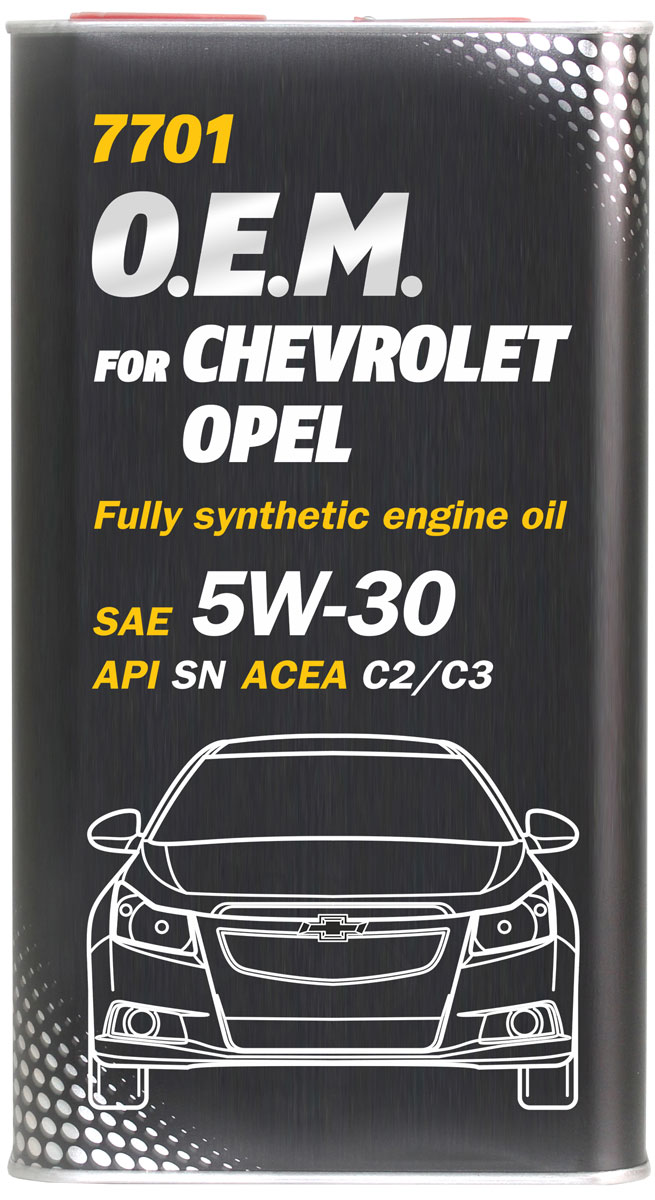 Моторное масло MANNOL 7701 O.E.M., для Chevrolet и Opel, 5W-30, синтетическое, 1 л4058 Моторное масло MANNOL 7701 O.E.M., для Chevrolet и Opel, 5W-30, синтетическое, 1 л4058Моторное масло MANNOL 7701 O.E.M. - синтетическое энергосберегающее моторное масло, специально разработанное для использования в современных бензиновых и дизельных двигателях автомобилей OPEL, CHEVROLET, DAEWOO, GM, SAAB. Малозольный пакет присадок (MID SAPS) обеспечивает надежную работу дизельных сажевых фильтров (DPF), а также каталитических нейтрализаторов бензиновых двигателей (CAT).Эффективно защищает от износа и обеспечивает исключительную чистоту деталей. Рекомендуется для двигателей, в которых предусмотрено использование масел стандарта GM dexos2, а также более ранних спецификаций GM LL A025/B025. Создано с учетом требований для эксплуатации в тяжелых условиях и увеличенных интервалов техобслуживания.Продукт имеет допуски / соответствует спецификациям / продуктам:SAE 5W-30 API SN ACEA C2/C3 GM dexos2