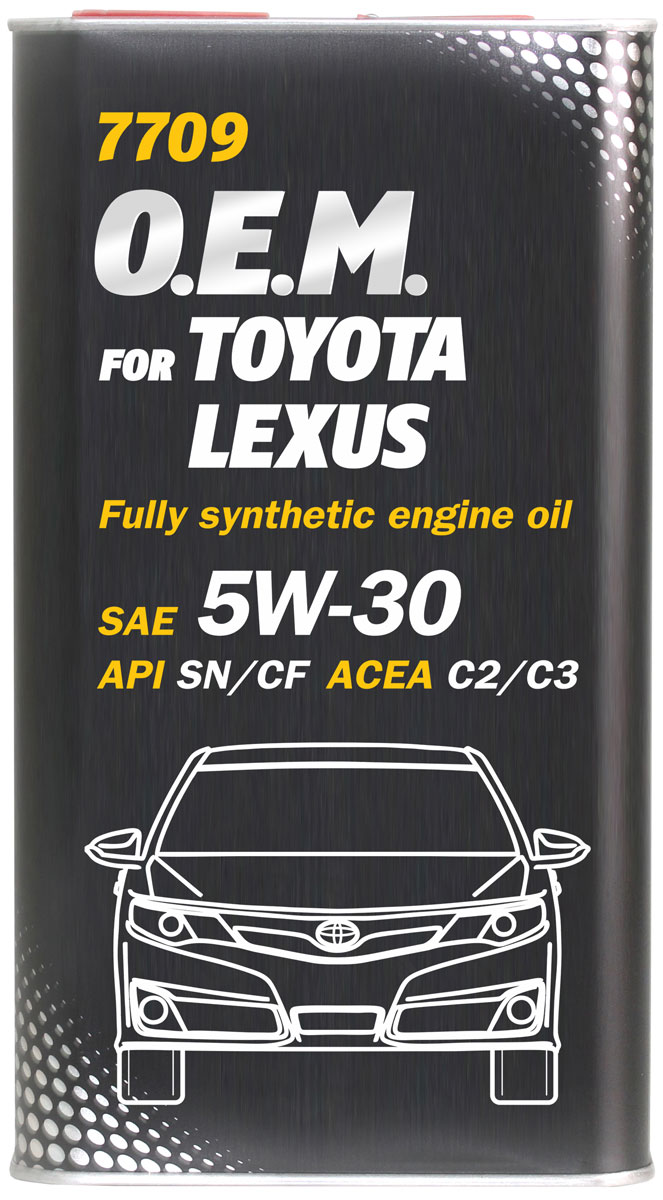 Моторное масло MANNOL 7709 O.E.M., для Toyota и Lexus, 5W-30, синтетическое, 1 л4054 Моторное масло MANNOL 7709 O.E.M., для Toyota и Lexus, 5W-30, синтетическое, 1 л4054Моторное масло MANNOL 7709 O.E.M. - это синтетическое энергосберегающее моторное масло, предназначенное для бензиновых и дизельных двигателей легковых автомобилей, минивэнов, внедорожников, SUV, микроавтобусов TOYOTA/LEXUS. Рекомендовано для двигателей с системами непосредственного впрыска, с турбонаддувом и без него, а также с механизмами изменения фаз газораспределения VVT-i.Обладает высокими антиокислительными свойствами и превосходными моюще-диспергирующими характеристиками, что предупреждает образование отложений на деталях двигателя. Современный пакет присадок гарантирует прочную смазочную пленку в самых жестких условиях эксплуатации. Обеспечивает легкий пуск двигателя при низких температурах.Продукт имеет допуски / соответствует спецификациям / продуктам: SAE 5W-30 API SN/CF ACEA C2/C3 ACEA A5/B5