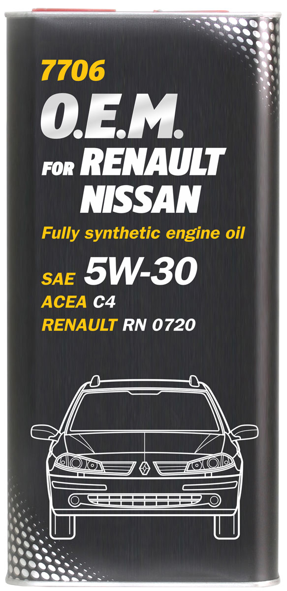 Моторное масло MANNOL 7706 O.E.M., для Renault и Nissan, 5W-30, синтетическое, 1 л4052 Моторное масло MANNOL 7706 O.E.M., для Renault и Nissan, 5W-30, синтетическое, 1 л4052Синтетическое моторное масло MANNOL 7706 O.E.M. предназначено для использования в современных бензиновых и дизельных двигателях, оборудованных сажевыми фильтрами (DPF), для которых производитель рекомендует применение масел типа ACEA C4.Продукт имеет допуски / соответствует спецификациям / продуктам: SAE 5W-30 ACEA C4 RENAULT RN 0720 MB 226.51/229.51