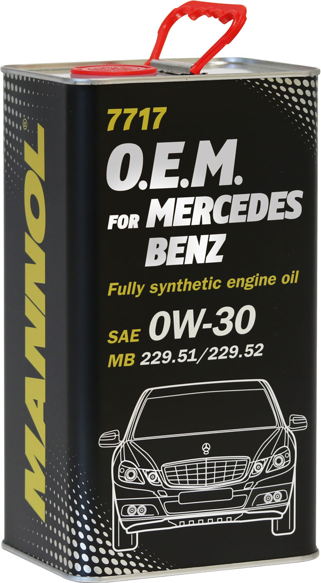 Моторное масло MANNOL 7717 O.E.M., для Mercedes-Benz, 0W-30, синтетическое, 4 л4060 Моторное масло MANNOL 7717 O.E.M., для Mercedes-Benz, 0W-30, синтетическое, 4 л4060Моторное масло MANNOL 7717 O.E.M. - это синтетическое моторное масло нового поколения, специально разработанное для использования в бензиновых и дизельных двигателях автомобилей MERCEDES-BENZ. Высокотехнологичный пакет присадок (low SAPS - низкое содержание серы, золы и фосфора) обеспечивает оптимальную работу систем защиты окружающей среды, а также фильтров твердых частиц (DPF).Продукт имеет допуски / соответствует спецификациям / продуктам:SAE 0W-30 API SN/CF ACEA C2/C3 MB Approval 229.51 / MB 229.51 MB Approval 229.31 / MB 229.31 MB Approval 229.52 / MB 229.52 BMW Longlife-04 / BMW LL-04 VW/AUDI 504.00 VW/AUDI 507.00 GM Dexos 2 Porsche C30 Ford WSS-M2C950-A