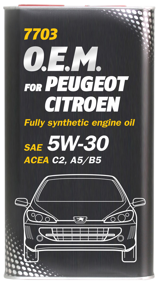 Моторное масло MANNOL 7703 O.E.M., для Peugeot и Citroen, 5W-30, синтетическое, 1 л4050 Моторное масло MANNOL 7703 O.E.M., для Peugeot и Citroen, 5W-30, синтетическое, 1 л4050Моторное масло MANNOL 7703 O.E.M. - синтетическое моторное масло нового поколения, специально разработанное для использования во всех бензиновых и дизельных двигателях автомобилей PEUGEOT и CITROEN, отвечающих экологическим нормам Euro 5. Современный пакет присадок (LOW SAPS) обеспечивает оптимальную работу систем защиты окружающей среды, а также фильтров твердых частиц (FAP, DPF). Эффективно защищает от износа и обеспечивает исключительную чистоту деталей двигателя. Рекомендовано для любых современных бензиновых и дизельных двигателей, в том числе отвечающих экологическим нормам EURO V. Создано с учетом требований для эксплуатации в тяжелых условиях и увеличенных интервалов замены моторного масла. Продукт имеет допуски / соответствует спецификациям / продуктам:SAE 5W-30ACEA A5/B5ACEA C2PSA B71 2290