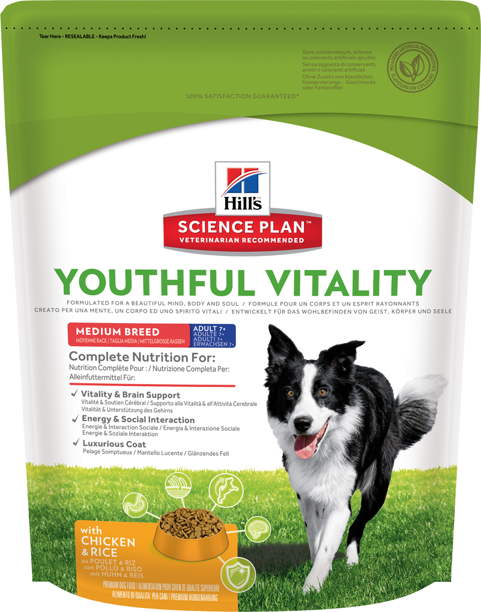 Корм сухой Hills Youthful Vitality, для пожилых собак старше 7 лет средних пород, с курицей и рисом, 750 г10987 Корм сухой Hills Youthful Vitality, для пожилых собак старше 7 лет средних пород, с курицей и рисом, 750 г10987Корм сухой Hills Youthful Vitality это полноценное повседневное питание, разработанное на основе достижений науки и соответствующее возрасту, размеру породы вашего питомца и его индивидуальным особенностям.Каждая гранула рационов Hills Youthful Vitality содержит необходимый набор нутриентов, способных улучшить жизнь питомца и сделать его здоровым и счастливым на долгие годы.Гарантия 100% качества, консистенции и вкуса.Содержит клинически подтвержденные антиоксиданты, которые нейтрализуют свободные радикалы и поддерживают иммунитет.Изготовлено из высококачественных натуральных ингредиентов.Не содержит искусственных красителей, ароматизаторов и консервантов.Превосходный вкус, который понравится вашему питомцу.Изготовленный в Европе корм Hills разработан с применением передовых технологий науки о питании, рацион, помогающий бороться с признаками старения вашей собаки в возрасте старше 7 лет. Инновационная запатентованная рецептура с жирными кислотами и антиоксидантами, включая витамины С + Е, позволяет противостоять процессам старения на клеточном уровне. Уже более десяти лет в Хиллс Пет Нутришн изучают влияние питания на функции клеток домашних животных и установили, что процесс старения сложен и включает совокупность факторов, приводящих к снижению физических и умственных способностей животных. Сбалансированное питание поддерживает питомцев и их клетки в процессе старения.Ингредиенты: кукуруза, размолотый рис (13%), мука курицы (21%) и индейки, ячмень, овес, гидролизат белка, сушеный белок яйца, соевое масло, животный жир, семя льна, минералы, сухая мякоть свеклы, сухая морковь, выжимки томатов, сухая мякоть цитрусовых, рыбий жир, сухой шпинат, витамины, микроэлементы и бета-каротины. С натуральными антиоксидантами (смесь токоферолов). Гарантированный анализ: белок 20%, жир 12,8%, клетчатка 1,6%, зола 5%, влага 8%, омега-3 жирные кислоты 0,81%, омега-6 жирные кислоты 3,54%, кальций 0,84%, фосфор 0,60%, натрий 0,18%, калий 0,74%,магний 0,09%.На кг: витамин Е1 265 мг, витамин С 360 мг, бета-каротин 1,5 мг, L-карнитин 304 мг. Добавки на кг: E672 (витамин А) 40861МЕ, E671 (витамин D3) 2151 ME,E1(железо) 242 мг, E2 (йод) 3,6мг, E4 (медь) 30,7 мг, E5 (марганец) 10,7 мг, E6 (цинк) 206 мг, Е8 (селен) 0,5мг, с натуральным антиоксидантом.Калорийность (в рационе) Ккал/100 г: 363. Без искусственных ароматизаторов, красителей и консервантов. Условия хранения: избегать попадания влаги. Хранить в сухом, прохладном месте, недоступном для детей и домашних животных.Товар сертифицирован.