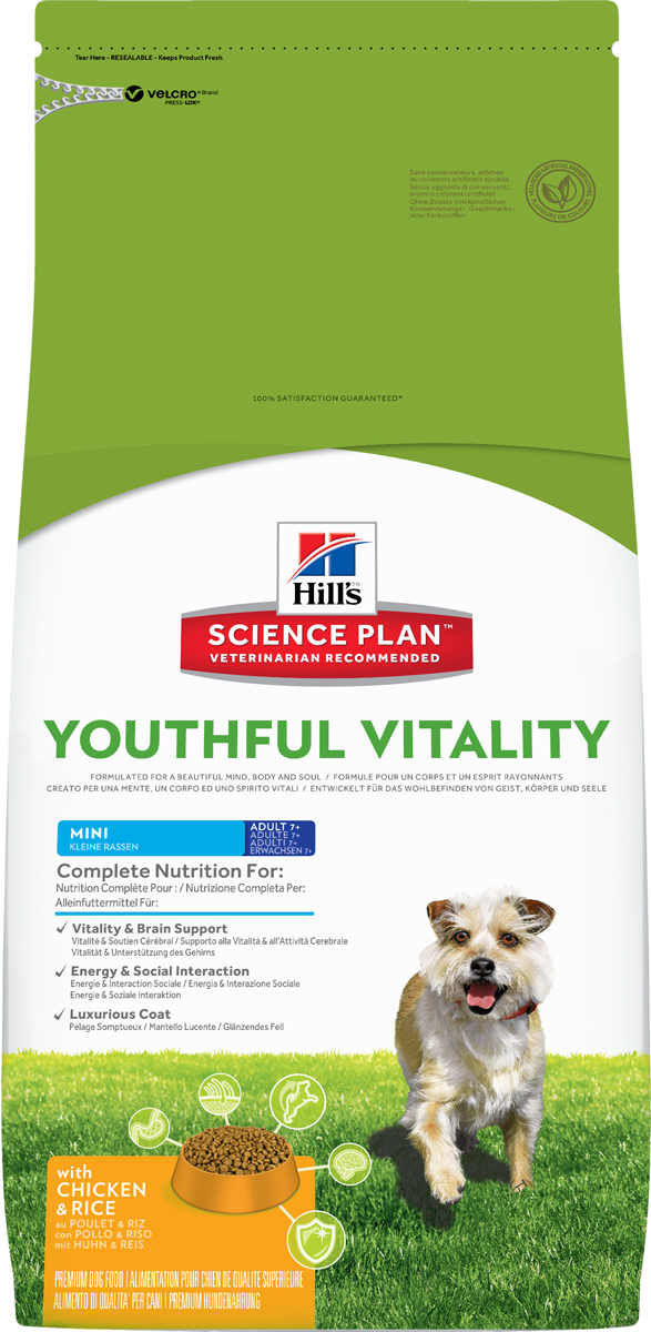 Корм сухой Hills Youthful Vitality, для пожилых собак старше 7 лет мелких пород, с курицей и рисом, 2,5 кг10985 Корм сухой Hills Youthful Vitality, для пожилых собак старше 7 лет мелких пород, с курицей и рисом, 2,5 кг10985Полноценное повседневное питание, разработанное на основе достижений науки и соответствующее возрасту, размеру породы вашего питомца и его индивидуальным особенностям.Каждая гранула рационов Hill’s Science Plan содержит необходимый набор нутриентов, способных улучшить жизнь питомца и сделать его здоровым и счастливым на долгие годы.- Гарантия 100% качества, консистенции и вкуса.- Содержит клинически подтвержденные антиоксиданты, которые нейтрализуют свободные радикалы и поддерживают иммунитет.- Изготовлено из высококачественных натуральных ингредиентов.- Не содержит искусственных красителей, ароматизаторов и консервантов. - Превосходный вкус, который понравится вашему питомцу.Изготовлен в Европе. Science Plan Youthful Vitality разработан с применением передовых технологий науки о питании, рацион, помогающий бороться с признаками старения вашей собаки в возрасте старше 7 лет. Инновационная запатентованная рецептура с жирными кислотами и антиоксидантами, включая витамины С + Е, позволяет противостоять процессам старения на клеточном уровне. Уже более десяти лет в Хиллс Пет Нутришн изучают влияние питания на функции клеток домашних животных и установили, что процесс старения сложен и включает совокупность факторов, приводящих к снижению физических и умственных способностей животных. Сбалансированное питание поддерживает питомцев и их клетки в процессе старения. Ключевые преимущества рациона. Инновационная запатентованная формула Science Plan Youthful Vitality разработана с использованием ингредиентов, помогающих поддерживать: - Активность функции головного мозга.- Энергию и активность.- Роскошную шерсть. - Здоровье иммунной системы.- Здоровье пищеварительной системы.- Поддержка суставов и подвижности.Показания. Собакам мелких, миниатюрных и средних пород (весом менее 25кг), предпочитающих гранулы маленького размера в возрасте старше 7 лет.Противопоказания. Не рекомендуется: - Щенкам (младше 1 года). - Взрослым собакам (1-6 лет). - Беременным или кормящим сукам. Во время беременности и лактации сук нужно переводить на рацион для щенков Science Plan Puppy Healthy Development. Пробуете этот рацион впервые? Постепенно в течение 7 дней переводите животное на новый рацион, увеличивая его содержание по отношению к прежнему. Обеспечьте питомцу свободный доступ к свежей воде. Ингредиенты: кукуруза, размолотый рис (13%), мука курицы (21%) и индейки, ячмень, овес, гидролизат белка, сушеный белок яйца, соевое масло, животный жир, семя льна, минералы, сухая мякоть свеклы, сухая морковь, выжимки томатов, сухая мякоть цитрусовых, рыбий жир, сухой шпинат, витамины, микроэлементы и бета-каротины. С натуральными антиоксидантами (смесь токоферолов). Гарантированный анализ: белок 20%, жир 12,8%, клетчатка 1,6%, зола 5%, влага 8%, омега-3 жирные кислоты 0,81%, омега-6 жирные кислоты 3,54%, кальций 0,84%, фосфор 0,60%, натрий 0,18%, калий 0,74%,магний 0,09%.На кг: витамин Е1 265 мг, витамин С 360 мг, бета-каротин 1,5 мг, L-карнитин 304 мг. Добавки на кг: E672 (витамин А) 40861МЕ, E671 (витамин D3) 2151 ME, E1(железо) 242 мг, E2 (йод) 3,6мг, E4 (медь) 30,7 мг, E5 (марганец) 10,7 мг, E6 (цинк) 206 мг, Е8 (селен) 0,5мг, с натуральным антиоксидантом. Калорийность (в рационе) Ккал/100 г: 363. Без искусственных ароматизаторов, красителей и консервантов.Условия хранения: избегать попадания влаги. Хранить в сухом, прохладном месте, недоступном для детей и домашних животных.