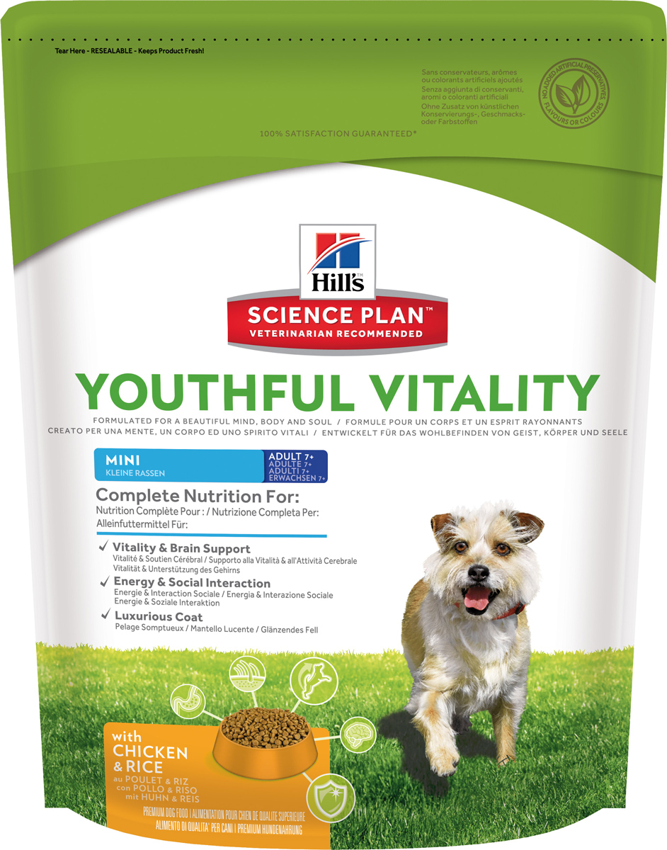 Корм сухой Hills Youthful Vitality, для пожилых собак старше 7 лет мелких пород, с курицей и рисом, 750 г10984 Корм сухой Hills Youthful Vitality, для пожилых собак старше 7 лет мелких пород, с курицей и рисом, 750 г10984Полноценное повседневное питание, разработанное на основе достижений науки и соответствующее возрасту, размеру породы вашего питомца и его индивидуальным особенностям.Каждая гранула рационов Hill’s Science Plan содержит необходимый набор нутриентов, способных улучшить жизнь питомца и сделать его здоровым и счастливым на долгие годы.- Гарантия 100% качества, консистенции и вкуса.- Содержит клинически подтвержденные антиоксиданты, которые нейтрализуют свободные радикалы и поддерживают иммунитет.- Изготовлено из высококачественных натуральных ингредиентов.- Не содержит искусственных красителей, ароматизаторов и консервантов. - Превосходный вкус, который понравится вашему питомцу.Изготовлен в Европе. Science Plan Youthful Vitality разработан с применением передовых технологий науки о питании, рацион, помогающий бороться с признаками старения вашей собаки в возрасте старше 7 лет. Инновационная запатентованная рецептура с жирными кислотами и антиоксидантами, включая витамины С + Е, позволяет противостоять процессам старения на клеточном уровне. Уже более десяти лет в Хиллс Пет Нутришн изучают влияние питания на функции клеток домашних животных и установили, что процесс старения сложен и включает совокупность факторов, приводящих к снижению физических и умственных способностей животных. Сбалансированное питание поддерживает питомцев и их клетки в процессе старения. Ключевые преимущества рациона. Инновационная запатентованная формула Science Plan Youthful Vitality разработана с использованием ингредиентов, помогающих поддерживать: - Активность функции головного мозга.- Энергию и активность.- Роскошную шерсть. - Здоровье иммунной системы.- Здоровье пищеварительной системы.- Поддержка суставов и подвижности.Показания. Собакам мелких, миниатюрных и средних пород (весом менее 25кг), предпочитающих гранулы маленького размера в возрасте старше 7 лет.Противопоказания. Не рекомендуется: - Щенкам (младше 1 года). - Взрослым собакам (1-6 лет). - Беременным или кормящим сукам. Во время беременности и лактации сук нужно переводить на рацион для щенков Science Plan Puppy Healthy Development. Пробуете этот рацион впервые? Постепенно в течение 7 дней переводите животное на новый рацион, увеличивая его содержание по отношению к прежнему. Обеспечьте питомцу свободный доступ к свежей воде. Ингредиенты кукуруза, размолотый рис (13%), мука курицы (21%) и индейки, ячмень, овес, гидролизат белка, сушеный белок яйца, соевое масло, животный жир, семя льна, минералы, сухая мякоть свеклы, сухая морковь, выжимки томатов, сухая мякоть цитрусовых, рыбий жир, сухой шпинат, витамины, микроэлементы и бета-каротины. С натуральными антиоксидантами (смесь токоферолов). Гарантированный анализ: белок 20%, жир 12,8%, клетчатка 1,6%, зола 5%, влага 8%, омега-3 жирные кислоты 0,81%, омега-6 жирные кислоты 3,54%, кальций 0,84%, фосфор 0,60%, натрий 0,18%, калий 0,74%,магний 0,09%.На кг: витамин Е1 265 мг, витамин С 360 мг, бета-каротин 1,5 мг, L-карнитин 304 мг. Добавки на кг: E672 (витамин А) 40861МЕ, E671 (витамин D3) 2151 ME, E1(железо) 242 мг, E2 (йод) 3,6мг, E4 (медь) 30,7 мг, E5 (марганец) 10,7 мг, E6 (цинк) 206 мг, Е8 (селен) 0,5мг, с натуральным антиоксидантом. Калорийность (в рационе) Ккал/100 г: 363Без искусственных ароматизаторов, красителей и консервантов. Условия хранения: избегать попадания влаги. Хранить в сухом, прохладном месте, недоступном для детей и домашних животных.