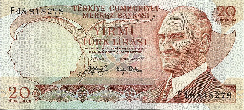 Банкнота номиналом 20 турецких лир. Турция. 1971-1982 гг.