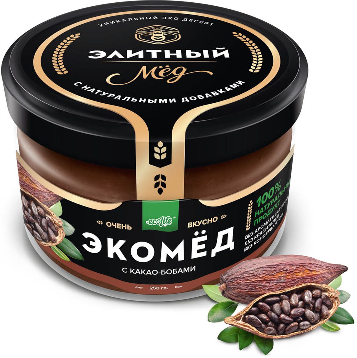 Ecolife Экомед с какао-бобами, 250 г4665298961660 Ecolife Экомед с какао-бобами, 250 г4665298961660100% натуральный экопродукт, имеющий в составе только натуральные ингредиенты. При изготовлении не используется дешевый подсолнечный мёд. Мед не нагревается, сохраняются все его полезные свойства. Экомёд не имеет эффекта расслаивания.