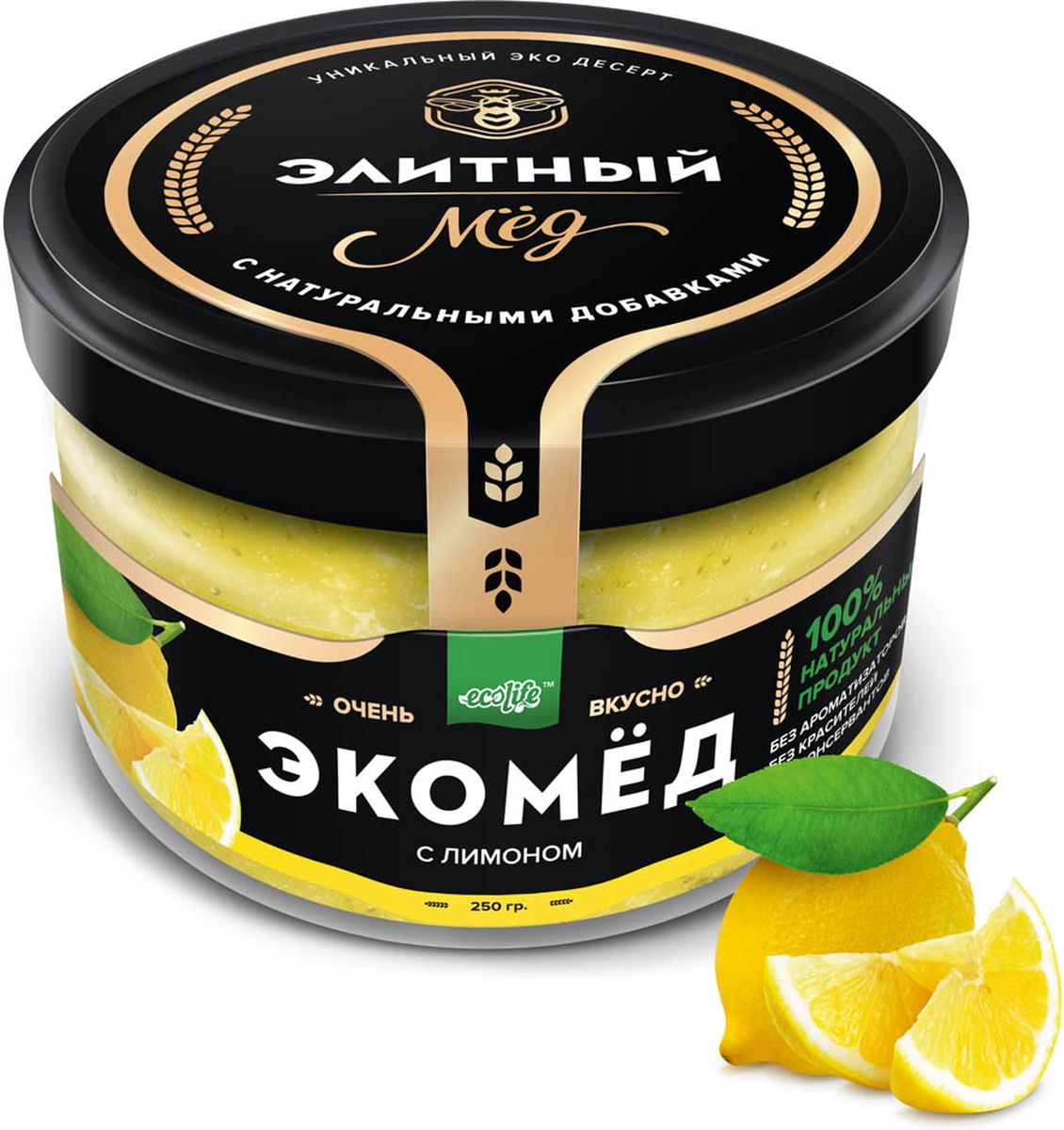 Ecolife Экомед с лимоном, 250 г4665298961738 Ecolife Экомед с лимоном, 250 г4665298961738100% натуральный экопродукт, имеющий в составе только натуральные ингредиенты. При изготовлении не используется дешевый подсолнечный мёд. Мед не нагревается, сохраняются все его полезные свойства. Экомёд не имеет эффекта расслаивания.