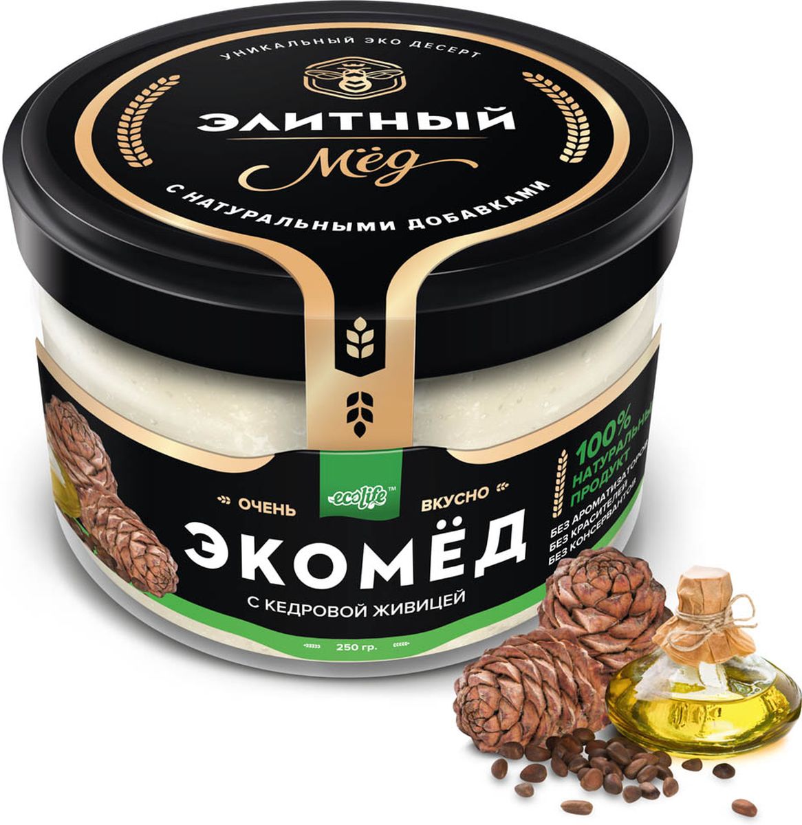 Ecolife Экомед с кедровой живицей, 250 г4665298961769 Ecolife Экомед с кедровой живицей, 250 г4665298961769100% натуральный Экопродукт, имеющий в составе только натуральные ингредиенты. Без красителей. Без ароматизаторов. Без консервантов.