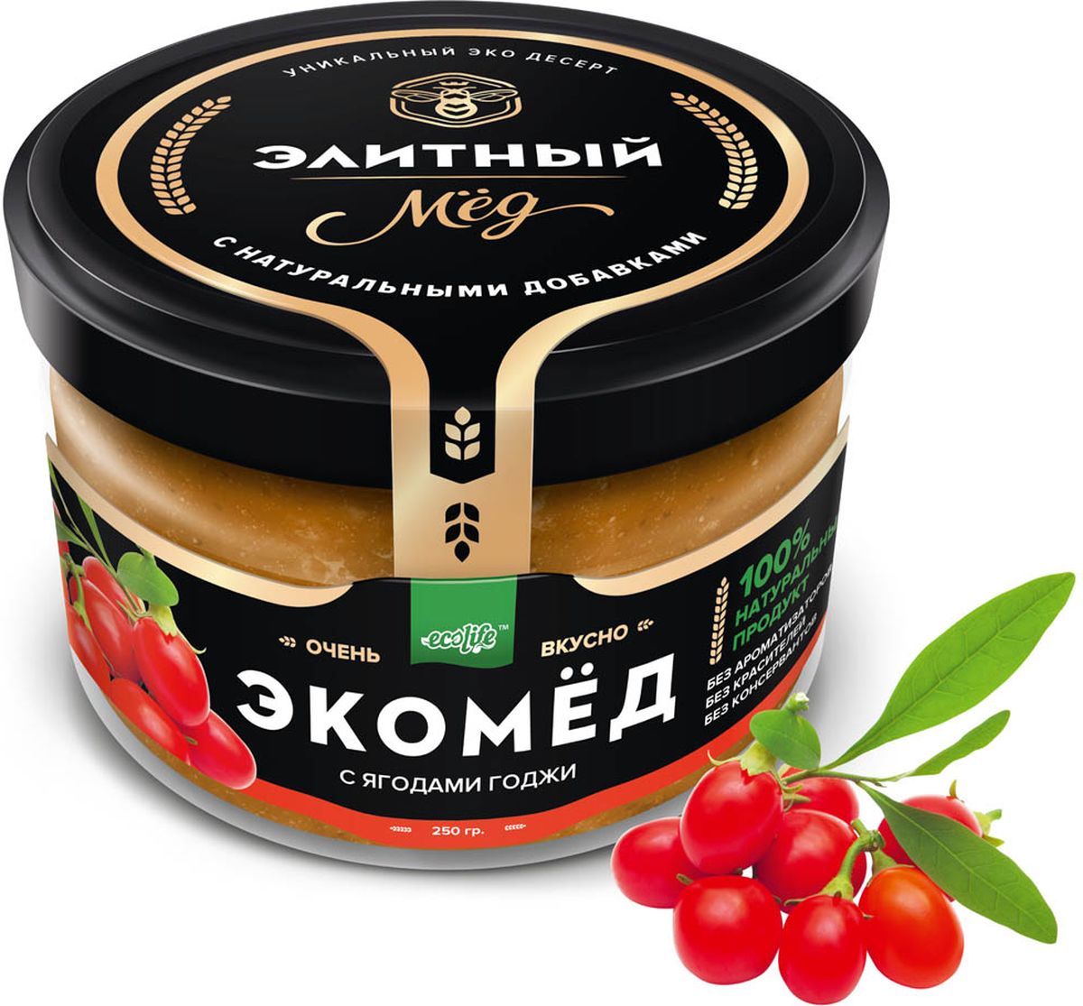 Ecolife Экомед с ягодами годжи, 250 г4665298961790 Ecolife Экомед с ягодами годжи, 250 г4665298961790100% натуральный экопродукт, имеющий в составе только натуральные ингредиенты. При изготовлении не используется дешевый подсолнечный мёд. Мед не нагревается, сохраняются все его полезные свойства. Экомёд не имеет эффекта расслаивания.