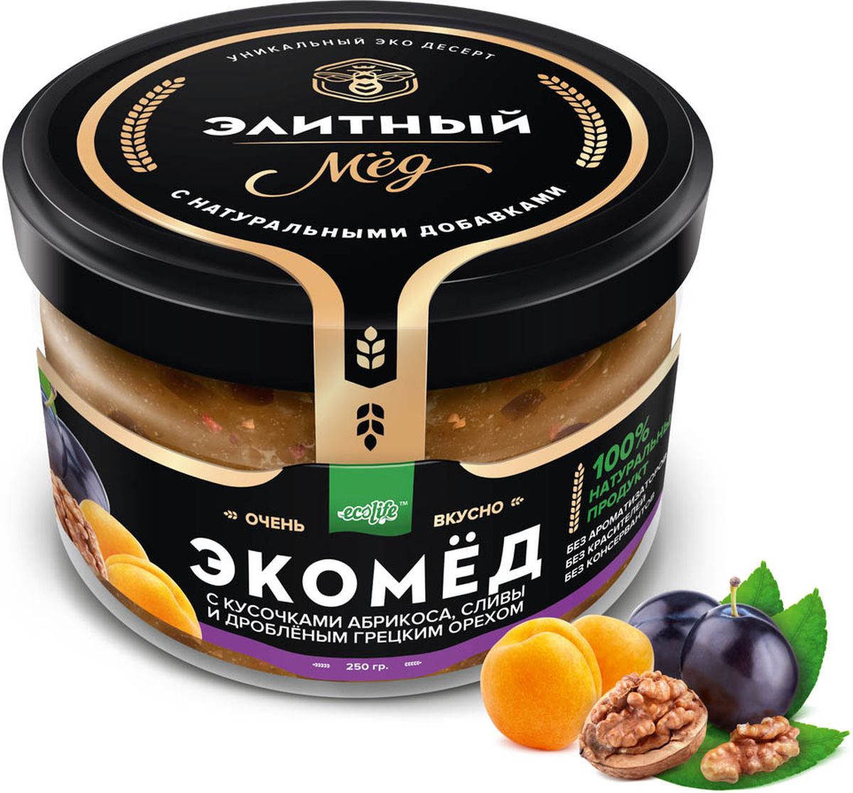 Ecolife Экомед с абрикосом, сливойи грецким орехом, 250 г4665298961813 Ecolife Экомед с абрикосом, сливойи грецким орехом, 250 г4665298961813100% натуральный экопродукт, имеющий в составе только натуральные ингредиенты. При изготовлении не используется дешевый подсолнечный мёд. Мед не нагревается, сохраняются все его полезные свойства. Экомёд не имеет эффекта расслаивания.