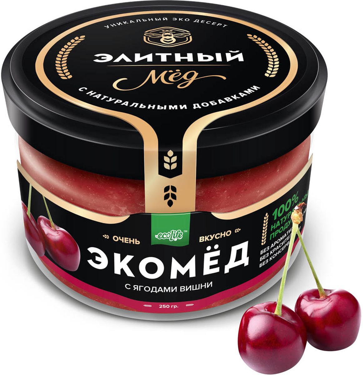 Ecolife Экомед с вишней, 250 г4665298962834 Ecolife Экомед с вишней, 250 г4665298962834100% натуральный экопродукт, имеющий в составе только натуральные ингредиенты. При изготовлении не используется дешевый подсолнечный мёд. Мед не нагревается, сохраняются все его полезные свойства. Экомёд не имеет эффекта расслаивания.