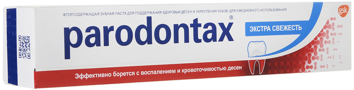 Parodontax Зубная паста Экстра Свежесть , 75 мл200401552 Parodontax Зубная паста Экстра Свежесть , 75 мл200401552– экстракты 6 трав + минеральная соль– + Фтор (1400 ppm) профилактика кариеса – подходит для длительного применения– рекомендован взрослым и детям с 14 лет– parodontax® разработан для людей, чьи десны кровоточат во время чистки зубов– parodontax® Экстра Свежесть предназначен для тех, кто предпочитает освежающую зубную пасту для ежедневного использования – В состав не входят синтетические антисептики: триклозан, метронидазол, хлоргексидин, которые вызывают привыкание и могут назначаться только курсом