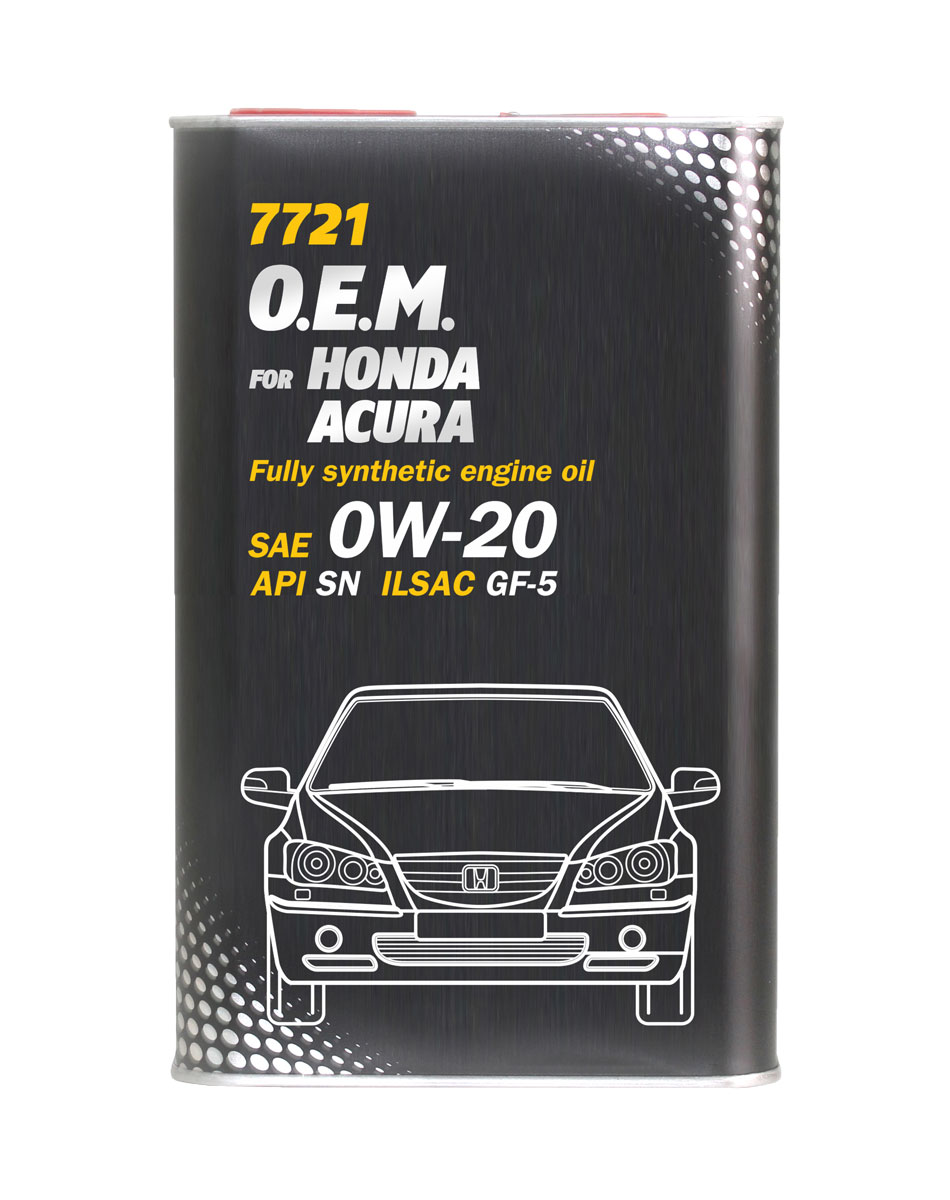 Моторное масло MANNOL 7721 O.E.M., для Honda и Acura, 0W-20, синтетическое, 4 л4070 Моторное масло MANNOL 7721 O.E.M., для Honda и Acura, 0W-20, синтетическое, 4 л4070Моторное масло MANNOL 7721 O.E.M. - синтетическое моторное масло, предназначенное для всех типов двигателей HONDA и ACURA, в том числе оснащенных системами изменения фаз газораспределения VTEC. Является энергосберегающим, что способствует экономии топлива и увеличению мощности двигателя, обладает высокой стойкостью к окислению. Отличные низкотемпературные свойства обеспечивают легкий запуск двигателя.Продукт имеет допуски / соответствует спецификациям / продуктам: SAE 0W-20 API SN ILSAC GF-5 HONDA 08217-99974 GM dexos1