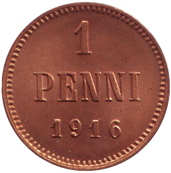Монета номиналом 1 пенни. Сохранность UNC. Россия для Финляндии, 1916 год