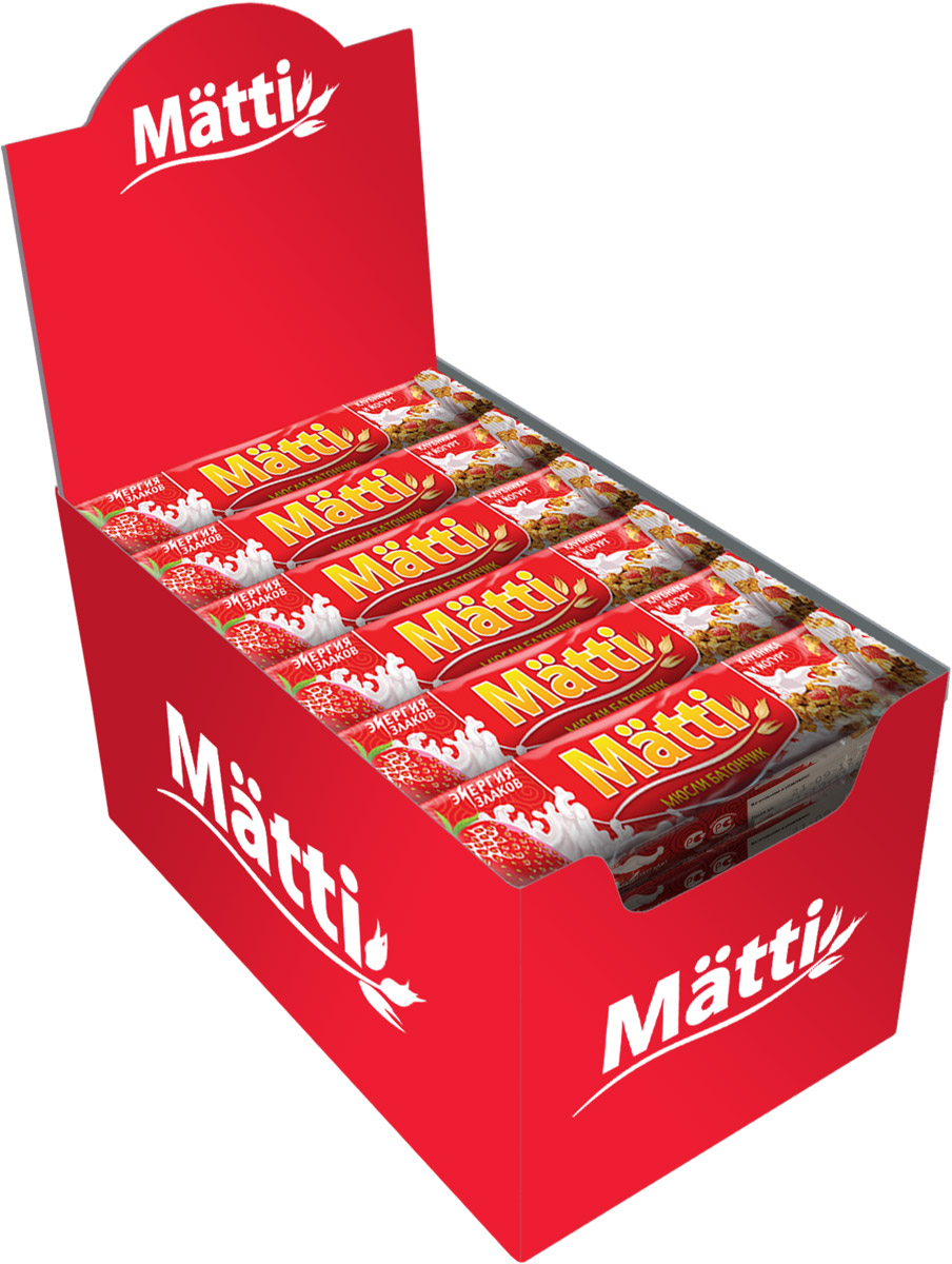 Matti батончик мюсли клубника и йогурт, 36 шт по 24 гУТ-00000059 Matti батончик мюсли клубника и йогурт, 36 шт по 24 гУТ-00000059Батончики-мюсли Matti Клубника и йогурт относятся к новому поколению функциональных продуктов питания и являются хорошим дополнением к ежедневному рациону в качестве источника пищевых волокон, микроэлементов, витаминов. Здоровое питание помогает всегда находиться в прекрасной форме, быть энергичным и подтянутым. Основу батончиков-мюсли составляют овсяные хлопья, имеющие огромную пищевую ценность для организма человека. Овсяные хлопья богаты клетчаткой, витаминами (В1, В2, В6, РР, Е), минеральными веществами (калий, фосфор, железо, натрий, кальций, магний). Клубника — просто кладезь витаминов и микроэлементов. Употребление клубники укрепляет иммунитет, улучшает работу пищеварительной системы. Большое количество минералов в составе клубники влияет на то, что она хорошо очищает организм, а также замедляет процесс старения. Усиливает она и обменные процессы, поэтому используется при ожирении.