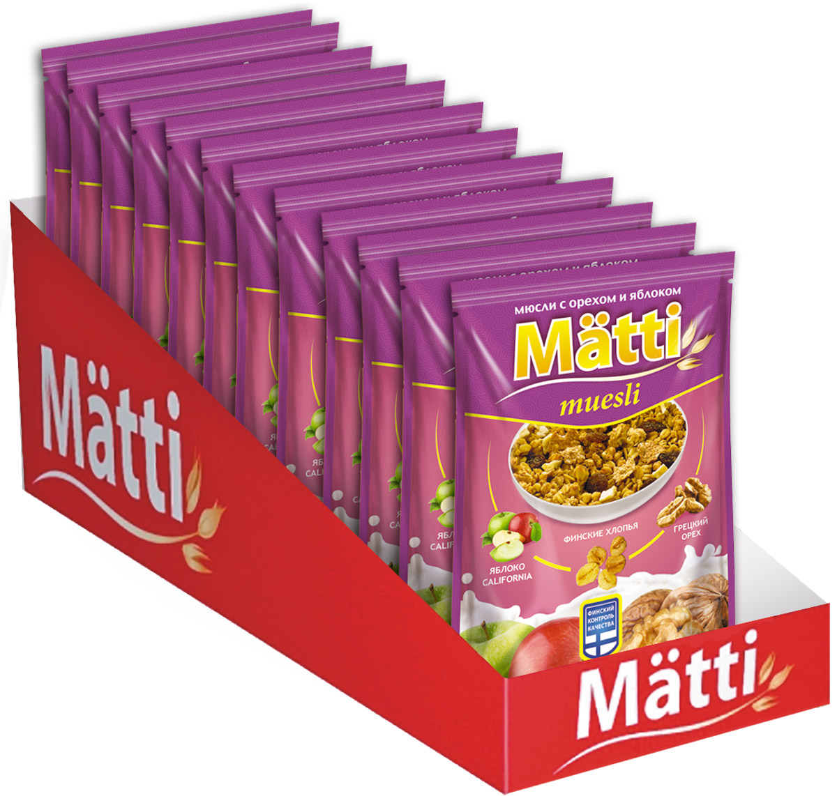 Matti мюсли с орехом и яблоком, 12 шт по 50 гУТ-00000039 Matti мюсли с орехом и яблоком, 12 шт по 50 гУТ-00000039Мюсли Matti c яблоком и орехом пекан - изысканный вариант для сбалансированного и полезного завтрака на каждый день. Овсяные хлопья богаты клетчаткой, минеральными веществами и витаминами, которые способствуют выведению шлаков из организма, регулируют работу пищевого тракта, снижают уровень сахара в крови. Благодаря большому содержанию витаминов A,C и группы B, орех пекан является источником витаминов и энергии. Яблоки – источник молодости, способствуют укреплению сердечно-сосудистой системы, улучшению пищеварения, предотвращению появления ранних морщин и укреплению структуры волос. Мюсли Matti c яблоком и орехом пекан повышают настроение даже в самый дождливый день. После вскрытия упаковки мюсли готовы к употреблению. По желанию добавить молоко, йогурт, сок.