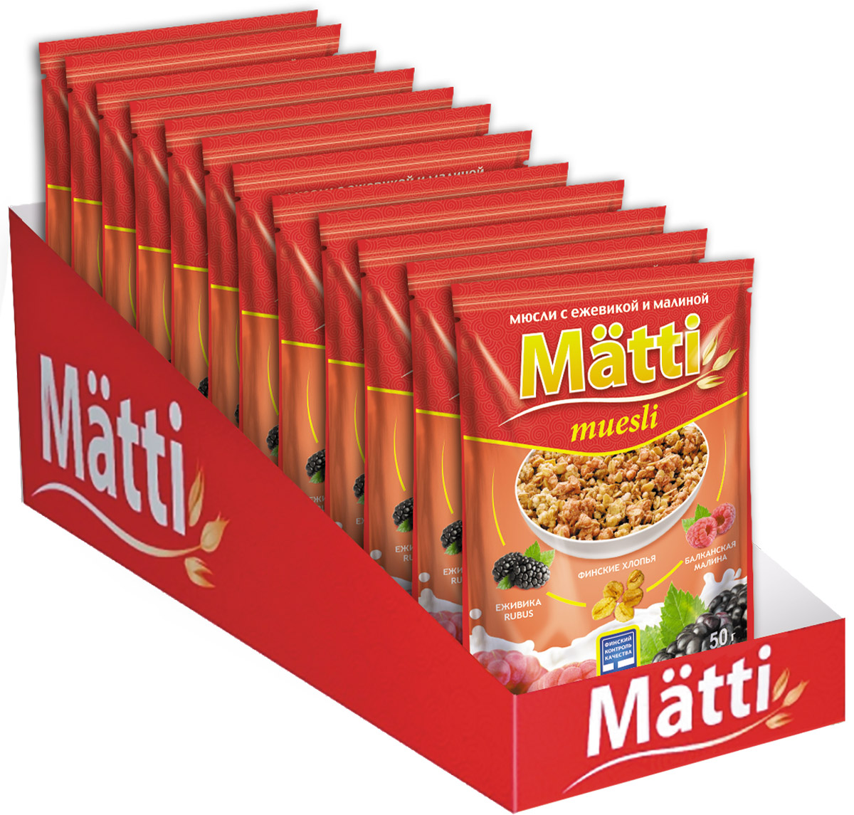 Matti мюсли с ежевикой и малиной, 12 шт по 50 гУТ-00000038 Matti мюсли с ежевикой и малиной, 12 шт по 50 гУТ-00000038Мюсли Matti с ежевикой и малиной отличный вариант для вкусного и полезного завтрака на каждый день. Овсяные хлопья богаты клетчаткой, минеральными веществами и витаминами, которые способствуют выведению шлаков из организма, регулируют работу пищевого тракта, снижают уровень сахара в крови. Ягоды ежевики богаты витаминами и микроэлементами, которые укрепляют иммунную систему, улучшают работу органов пищеварения и обмена веществ, способствуют улучшению работы сосудов головного мозга. Малина обладает богатыми вкусовыми и пищевыми качествами. Способствует улучшению пищеварения, восстановлению сердечного ритма, снятию нервного напряжения. Мюсли Matti с ежевикой и малиной содержат только натуральные ингредиенты. После вскрытия упаковки мюсли готовы к употреблению. По желанию добавить молоко, йогурт, сок.