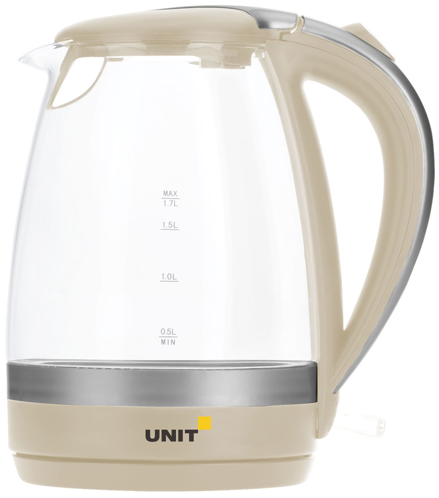 Unit UEK-254, Beige электрический чайникCE-0482128 Unit UEK-254, Beige электрический чайникCE-0482128Электрический чайник Unit UEK-254 прост в управлении и долговечен в использовании. Он изготовлен из высококачественных материалов. Мощность 2200 Вт позволит вскипятить 1,7 литра воды в считанные минуты. Беспроводное соединение позволяет вращать чайник на подставке на 360°. Для обеспечения безопасности при повседневном использовании предусмотрены функция автовыключения, а также защита от включения при отсутствии воды.