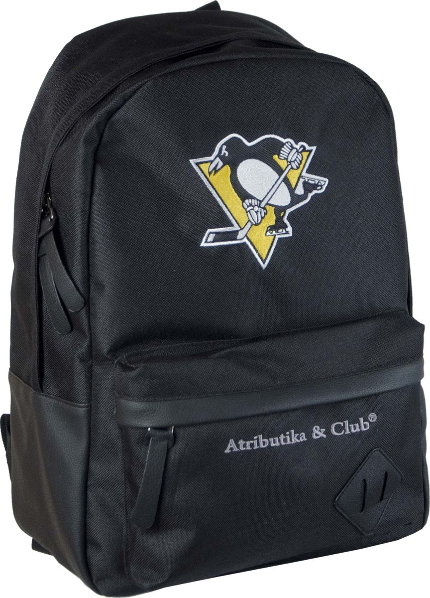 Рюкзак Atributika & Club Pittsburgh Penguins, цвет: черный, 25 л. 5805958059 Рюкзак Atributika & Club Pittsburgh Penguins, цвет: черный, 25 л. 5805958059Рюкзак Atributika & Club изготовлен из 100% полиэстера с отделкой искусственной кожей. Модель имеет одно основное отделение, которое закрывается на застежку-молнию. Внутри содержится отделение с мягкой стенкой для хранения ноутбука или планшета и 2 небольших накладных кармана. Спереди расположен объемной накладной карман на молнии. Спинка и лямки модели выполнены из прочного сетчатого материала, обладающего хорошей воздухопроницаемостью, и снабжены мягким наполнителем. Лямки снабжены пластиковыми элементами для регулировки размера. Модель украшена оригинальной вышивкой.