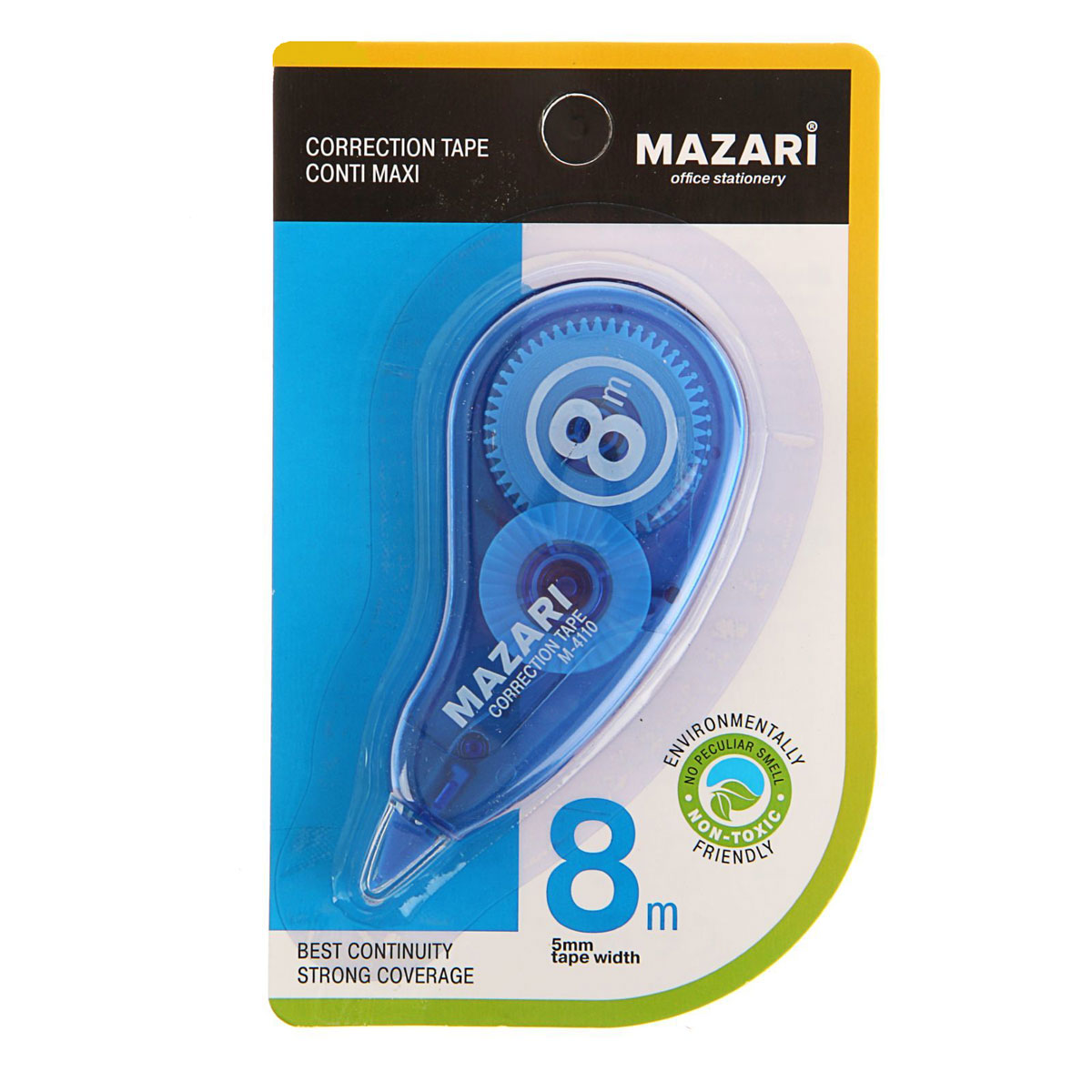 Mazari Корректирующая лента-роллер Conti Maxi 5 мм x 8000 мм цвет синийМ-4110_синий Mazari Корректирующая лента-роллер Conti Maxi 5 мм x 8000 мм цвет синийМ-4110_синийКорректирующая лента- роллер Mazari Conti Maxi предназначена для корректировки текста на любом виде бумаги.Имеет эргономичный корпус, высокую укрывистость. Не имеет запаха.