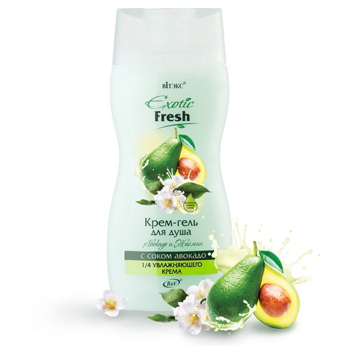 Витэкс Exotic Fresh Крем-гель для душа Авокадо и Жасмин, 515 млV-686 Витэкс Exotic Fresh Крем-гель для душа Авокадо и Жасмин, 515 млV-686Назначение: ОчищениеЛиния: Exotic Freshс соком авокадоСок авокадо• насыщает кожу витаминами и минералами• придает коже мягкость и бархатистостьНасыщенный и манящий аромат жасмина и авокадо принесет чувственное наслаждение и подарит заряд бодрости.