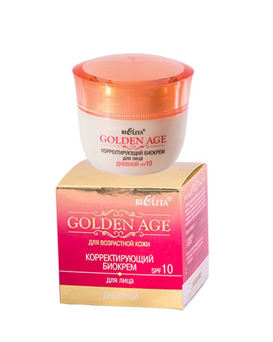 Белита Корректирующий биокрем для лица Дневной Golden Age SPF 10, 50 млВ-1130 Белита Корректирующий биокрем для лица Дневной Golden Age SPF 10, 50 млВ-1130Линия: GOLDEN AGEКорректирующий биокрем для лица активного действия защищает кожу от вредного воздействия ультрафиолета, обеспечивает антиоксидантную защиту. Обладает интенсивным омолаживающим действием, корректируя проявление возрастных изменений. Обогащенный натуральными компонентами, крем обеспечивает глубокое корректирующее действие.Входящие в состав активные компоненты (IRIS ISO, IDEALIFTТМ) интенсивно действуют в 2-х векторном направлении:1. Замедляют скорость возрастных изменений кожи лица.2. Борются с нарушением барьерных свойств кожи, потерей упругости.Входящее в состав крема Масло Макадамии оказывает регенерирующее, увлажняющее, смягчающее действие на кожу, замедляет процессы старения, способствуя омоложению.Результат:Возрастные изменения приостанавливаются.Контур лица подтягивается и повышается эластичность и тонус кожи.