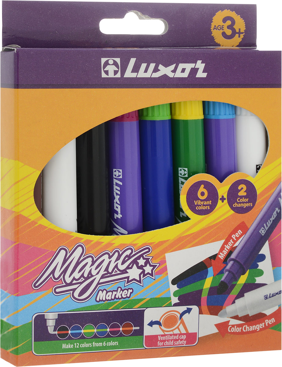 Luxor Набор фломастеров меняющих цвет Magic 8 цветов6104/Box 8 Luxor Набор фломастеров меняющих цвет Magic 8 цветов6104/Box 8Набор фломастеров, меняющих цвет. В состав набора входят шесть цветных фломастеров и два фломастера, меняющие цвет линии, нарисованной цветным фломастером.