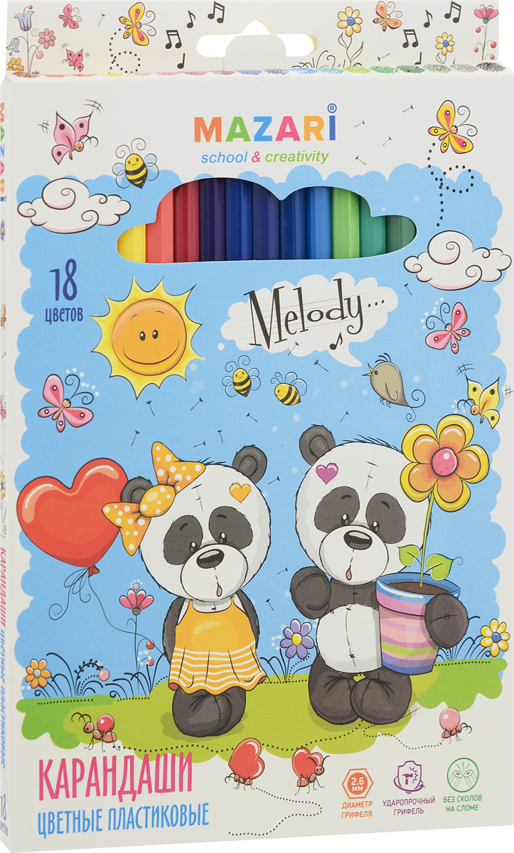 Mazari Набор цветных карандашей Melody 18 цветовМ-6119-18 Mazari Набор цветных карандашей Melody 18 цветовМ-6119-18Карандаши цветные Mazari Melody предназначены для письма, рисования и черчения.Карандаши имеют шестигранную форму, диаметр грифеля - 2,6 мм.В наборе 18 карандашей ярких цветов. Уважаемые клиенты! Обращаем ваше внимание на возможные изменения в дизайне упаковки. Качественные характеристики товара остаются неизменными. Поставка осуществляется в зависимости от наличия на складе.