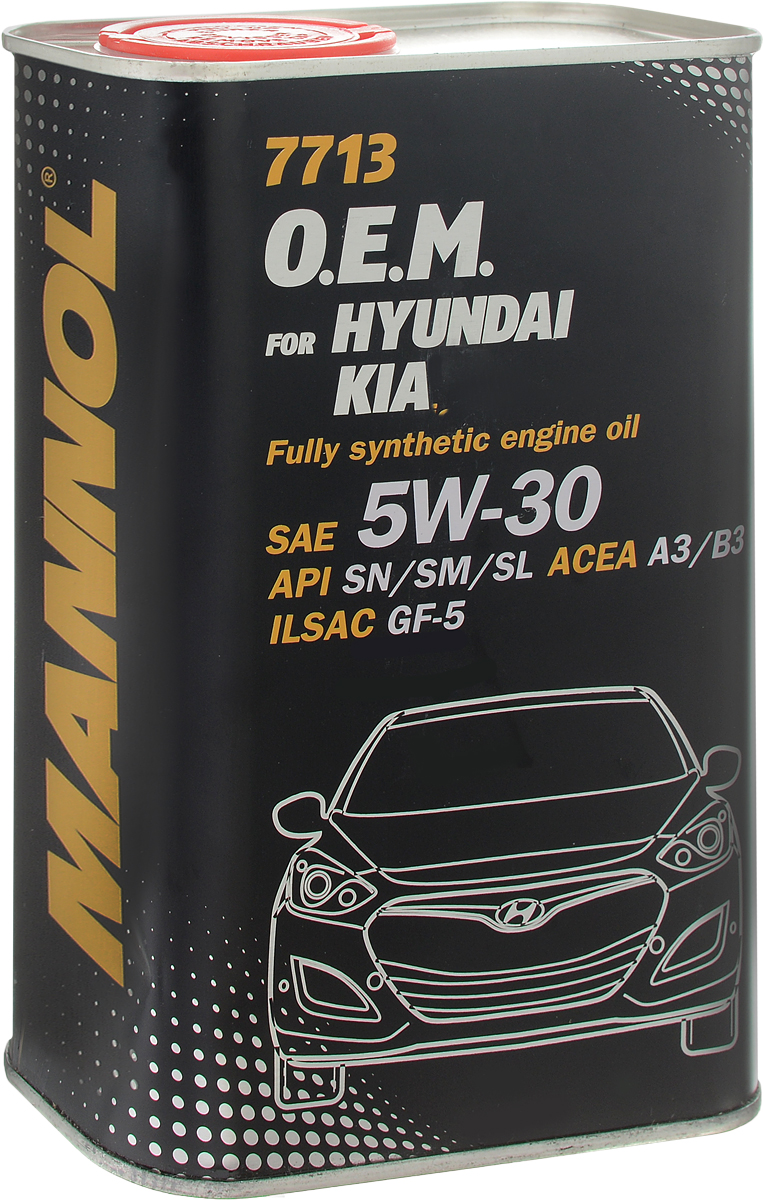 Моторное масло MANNOL 7713 O.E.M., для Hyundai и KIA, 5W-30, синтетическое, 1 л4056 Моторное масло MANNOL 7713 O.E.M., для Hyundai и KIA, 5W-30, синтетическое, 1 л4056Моторное масло MANNOL 7713 O.E.M. - современное синтетическое энергосберегающее моторное масло, предназначенное для двигателей автомобилей HYUNDAI и KIA с турбонаддувом и без него. Разработано специально для обеспечения устойчивой работы двигателей с механизмами изменения фаз газораспределения CVVT, начиная с моделей двигателей 2L Beta I4 (автомобили Hyundai Elantra и Kia Spectra с 2005 года выпуска), Alpha II DOHC (автомобили Hyundai Accent/Verna, Tiburon/Coupe, Kia ceed с 2006 года выпуска). Эффективно защищает от износа и обеспечивает исключительную чистоту деталей двигателя. Синтетическая основа масла гарантирует легкий холодный пуск даже при экстремально низких температурах. Совместимо со всеми системами очистки выхлопных газов. Создано с учетом требований для эксплуатации в тяжелых условиях и увеличенных интервалов техобслуживания. Продукт имеет допуски / соответствует спецификациям / продуктам:SAE 5W-30API SN/SM/SLACEA A3ILSAC GF-5/GF-4/GF-3