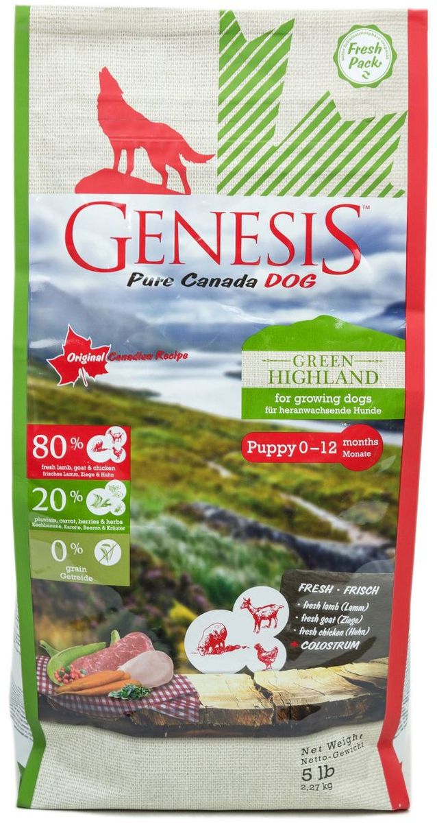 Корм сухой Genesis Pure Canada Green Highland для щенков, юниоров, беременных и кормящих собак, с курицей, козой и ягненком, 2,27 кг509802268 Корм сухой Genesis Pure Canada Green Highland для щенков, юниоров, беременных и кормящих собак, с курицей, козой и ягненком, 2,27 кг509802268Корм сухой Genesis Pure Canada Green Highland - полнорационный беззерновой корм класса холистик с курицей, козой и ягненком для щенков, юниоров, беременных и кормящих взрослых собак всех пород.С начала времен основным компонентом рациона собаки в дикой природе было мясо и рыба. В их естественной среде дикие собаки также употребляли разнообразные фрукты, овощи и травы. Сейчас собака, точно также как и его дикий предок, жаждет пищи, богатой мясом. Диетологи из Genesis Pure Canada подготовили специальную рецептуру для вашей собаки, взяв за основу рацион диких собак. В рецептуре кормов содержится 80% животного белка (из свежего мяса и рыбы), 20% фруктов, овощей, трав и витаминов и 0% зерна.Продукт отличается простотой состава, в него включены высококачественные ингредиенты, которые нужны собаке для здорового развития. Genesis Pure Canada Dog использует уникальную смесь свежих источников белка, чтобы ваша собака могла получить витамины и питательные вещества, которые содержатся в мясе. Диаметр гранулы: 12 мм. Состав: свежая курица (минимум 56%), белок из мяса кур (дегидратированный, минимум 12,5%), кормовые бананы (плантан) (сушеные, минимум 9,2%), свежее мясо коз (минимум 6%), морковь (сушеная, минимум 4%), сухое обезжиренное молоко (минимум 2%), свежее мясо ягненка (минимум 2%), чечевица (сушеная), нут (сушеный), гидролизованный протеин, семена подорожника, льняное семя, молозиво (минимум 0,3%), черника (сушеная, минимум 0,1%), клюква (сушеная), экстракт зеленой мидии (сушеные, минимум 0,1%), дикая крапива (сушеная), листья ежевики (сушеные), тысячелистник (сушеный), фенхель (сушеный, минимум 0,02%), тмин (сушеный), цветки ромашки (сушеные, минимум 0,02%), омела (сушеная), корень горечавки (сушеный), золототысячник обыкновенный (сушеный).Питательные вещества: белок 35%, жир 18%, клетчатка 2%, зола 7,5%, кальций 1,4%, фосфор 1,1%, натрий 0,3%, калий 0,8%, магний 0,1%. Калорийность: 16,5 MJ/кг. Добавки: витамин A 15,000 I. U., витамин D3 1,200 I. U., Витамин E 150 мг. Микроэлементы: цинк (оксид цинка) 90 мг, аминокислотный хелат цинка (гидрат) 45 мг, медь 10 мг, йод 2 мг, селен 0,2 мг. Товар сертифицирован.