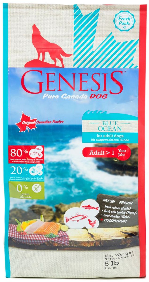 Корм сухой Genesis Pure Canada Blue Ocean для взрослых собак, с лососем, сельдью и курицей, 2,27 кг514902268 Корм сухой Genesis Pure Canada Blue Ocean для взрослых собак, с лососем, сельдью и курицей, 2,27 кг514902268Корм сухой Genesis Pure Canada Blue Ocean - сухой полнорационный беззерновой корм класса холистик для взрослых собак всех пород с лососем, сельдью и курицей.С начала времен основным компонентом рациона собаки в дикой природе было мясо и рыба. В их естественной среде дикие собаки также употребляли разнообразные фрукты, овощи и травы. Сейчас собака, точно также как и его дикий предок, жаждет пищи, богатой мясом. Диетологи из Genesis Pure Canada подготовили специальную рецептуру для вашей собаки, взяв за основу рацион диких собак. В рецептуре кормов содержится 80% животного белка (из свежего мяса и рыбы), 20% фруктов, овощей, трав и витаминов и 0% зерна.Продукт отличается простотой состава, в него включены высококачественные ингредиенты, которые нужны собаке для здорового развития. Genesis Pure Canada Dog использует уникальную смесь свежих источников белка, чтобы ваша собака могла получить витамины и питательные вещества, которые содержатся в мясе. Диаметр гранулы: 13 мм.Ингредиенты: свежая курица (минимум 54,5%), лосось (замороженный, минимум 12%), свежая сельдь (минимум 6%), белок из мяса кур (дегидратированный, минимум 6%), картофельная мука, горох (сушеный), тыква (сушеная), бананы кормовые (платан) (сушеные), нут (сушеный), чечевица (сушеная), гидролизованный протеин, жир лосося (минимум 0,5%), семена подорожника, молозиво (минимум 0,3%), порошок из морских водорослей, клюква (сушеная), черника (сушеная, минимум 0,1%), дикая крапива (сушеная, минимум 0,02%), экстракт зеленой мидии (минимум 0,1%), листья ежевики (сушеные), тысячелистник (сушеный, минимум 0,02%), фенхель (сушеный), тмин (сушеный), цветки ромашки (сушеные), омела (сушеная), корень горечавки (сушеный), золототысячник (сушеный), цикориевая пудра. Питательные вещества: белок 33%, жир 20%, клетчатка 2%, зола 6,7%, кальций 1,4%, фосфор 1,1%, натрий 0,25%, калий 0,8%, магний 0,1%. Калорийность: 17.30 MJ/кг. Добавки: витамин A 12,000 I. U., витамин D3 1,200 I. U., Витамин E 70 мг. Микроэлементы: цинк (оксид цинка) 70 мг, медь 10 мг, йод 2 мг, селен 0.2 мг. Товар сертифицирован.