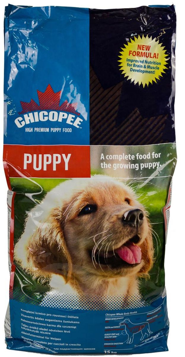 Корм сухой Chicopee для щенков всех пород, с курицей, 15 кг55660015 Корм сухой Chicopee для щенков всех пород, с курицей, 15 кг55660015Основой питания собаки на протяжении первого года жизни должен быть комплекс питательных веществ, обеспечивающих нормальное функционирование растущего организма. Учитывая эту особенность, компания Chicopee разработала корм, предназначенный для щенков всех пород, независимо от их размера и уровня активности.Поскольку белок - это главный строительный элемент для организма собаки, развития ее костей, сильной мускулатуры, а также роста шерсти и когтей, то главной особенностью данного корма является именно высокое содержание белка в составе муки из мяса домашней птицы, рыбной муки и белкового гидролизата.Особенности состава Chicopee для щенков всех пород:- Витамины группы В, жирные кислоты Омега-3 и Омега-6 способствуют развитию здоровой нервной системы, которая впоследствии отвечает за адекватное поведение собаки, ее способность к обучению и запоминанию, отсутствие агрессии и стремление к коммуникации с сородичами и людьми;- Значительное содержание углеводов в составе злаков обеспечивают молодое животное достаточной энергией на протяжении всего дня;- Рыбий жир способствует формированию кожного и шерстного покрова животного, делая каждый его волос сильным, крепким и блестящим;- Кальций, калий и фосфор обеспечивают формирование костей, суставов, хрящей, а также рост зубов и когтей.Ингредиенты: мука из мяса домашней птицы, кукуруза, жир домашней птицы, pыбная мука, свекловичный жом, pис, пшеничная мука, дробленая пшеница, гидролизат белка, яичный порошок, cемя льна, сухие дрожжи, pыбий жир, xлористый калий, поваренная соль, корень цикория (инулин 0,10%), дрожжевой экстракт (МОS 0,10%).Добавки на 1 кг: витамин A 18,000 ME, витамин D3 1,450 ME, витамин E 180 мг, медь (сульфат меди, пентагидрат) 11 мг, цинк (оксид цинка) 110 мг, цинк (хелат цинка из гидрата аминокислот) 55 мг, йод (йодат кальция обезвоженный) 3.5 мг, селен (селенид натрия) 0,2 мг.Товар сертифицирован.