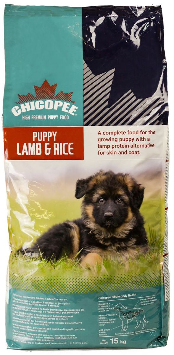 Корм сухой Chicopee для щенков, гипоаллергенный, с ягненком и рисом, 15 кг590815 Корм сухой Chicopee для щенков, гипоаллергенный, с ягненком и рисом, 15 кг590815Для полноценного рациона молодой собаки, склонной к аллергии и повышенной чувствительности кожи, компания Chicopee разработала корм с ягненком и рисом, предназначенный для щенков всех пород. Такие питомцы нуждаются в питании, полностью лишенном аллергенов - веществ, которые при попадании в организм питомца вызывают аллергические реакции и высыпания на коже.Корм Chicopee для щенков с ягненком и рисом обеспечивает здоровье питомца и устранение неприятных симптомов аллергии за счет присутствия в своем составе следующих ингредиентов:- Мука из мяса ягненка - полноценная, калорийная основа, обладающая очень низким аллергенным потенциалом, но высоким содержанием легкоусваиваемого белка, жирных кислот, а также минералов: цинка, железа и селена.- Рис - источник углеводов и растительных белков, который совершенно не содержит глютена - аминокислоты, чаще всего вызывающей аллергию у собаки. При этом рис содержит большое количество аминокислот, позволяющих прекрасно усваивать белок.- Порошок цикория (источник инулина 0,10%) участвует в формировании кишечной микрофлоры щенка, экстракт дрожжей (содержание маннановых олигосахаридов 0,10%) обеспечивает функционирование пищеварительного тракта и всасываемость питательных веществ, что крайне важно во время роста молодого организма.- Жир домашней птицы, содержащей необходимые полиненасыщенные жирные кислоты, обеспечивает формирование шерстного покрова, рост блестящих и шелковистых волос, устойчивых к любым воздействиям внешней среды.Ингредиенты: мука из мяса ягненка (минимум 15,1%), pис (минимум 15,1%), кукуруза, пшеница, мясо домашней птицы, жир домашней птицы, кукурузный глютен, свекловичный жом, дробленая пшеница, гидролизат белка, сухие дрожжи, xлористый калий, поваренная соль, корень цикория (инулин 0,10%), дрожжевой экстракт (МОS 0,10%).Добавки на 1 кг: витамин A 18,000 ME, витамин D3 1,450 ME, витамин E 180 мг, медь (сульфат меди, пентагидрат) 11 мг, цинк (оксид цинка) 110 мг, цинк (хелат цинка из гидрата аминокислот) 55 мг, йод (йодат кальция обезвоженный) 3.5 мг, селен (селенид натрия) 0,2 мг.Товар сертифицирован.