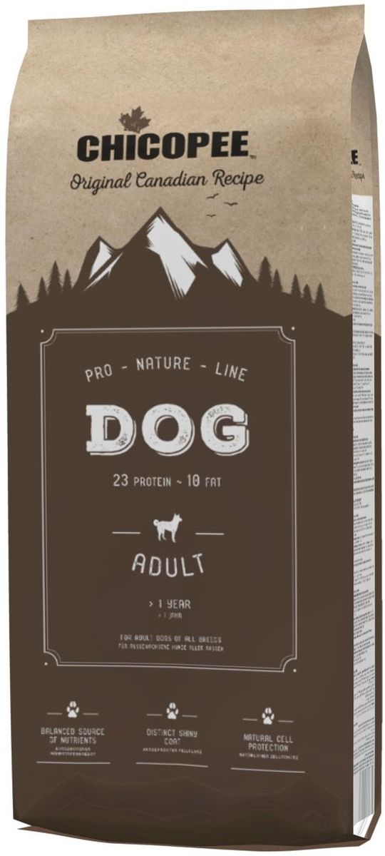Корм сухой Chicopee Pro Nature для взрослых собак всех пород, 20 кг9303320 Корм сухой Chicopee Pro Nature для взрослых собак всех пород, 20 кг9303320Корм сухой Chicopee Pro Nature - полноценное питание для взрослых собак всех пород.Основные преимущества: - Естественная защита клеток организма. Важные природные антиоксиданты, такие как витамин Е, и особые микроэлементы, такие как селен, защищают клетки организма и блокируют действие свободных радикалов, защищая содержимое клетки от разрушения. Это не только улучшает функционирование тканей и органов, но и является отличнейшей профилактикой старения организма. - Оптимальный уровень энергии. Повышенное содержание легкоусвояемых белков и высококачественных жиров обеспечивают оптимальное развитие щенка. - Сбалансированный источник питательных веществ. Сбалансированный состав кормов обеспечивает оптимальный запас в них питательных веществ, что позволяет снизить количество дневной нормы кормления и уменьшить нагрузку на желудочно-кишечный тракт. - Гигиена полости рта. Размер и структура гранул рационов стимулируют их тщательное пережевывание. Это позволяет в процессе приема пищи удалять налет с зубов и десен животного. - Усиленный энергообмен. Повышенное содержание жира обеспечивает оптимальное количество энергии в концентрированной и легкоусвояемой форме, что особенно важно для собак с особыми потребностями. - Оптимальные источники белка. Высокое качество и хорошая усвояемость белков (например, мясо домашней птицы) обеспечивают организм аминокислотами, которые необходимы для правильного мышечного развития. - Потрясающий блеск шерсти. Наличие в рационах высококачественных белков и экстракта пивных дрожжей обеспечивают блеск шерсти и здоровье кожи.Ингредиенты: мясная мука с протеином из мяса домашней птицы (дегидрированный), пшеница, ячмень, пшеничная мука, кукуруза, животный жир, просеянные пшеничные отруби, свекольная пульпа (без сахара), рыбная мука, дрожжи (сушеные 0,5 %), поваренная соль, гидролизованный протеин, рис, хлорид калия.Анализ компонентов: протеин 23%, содержание жира 10%, клетчатка 2,5%, минеральные вещества 6,40%, фосфор 1,05%, кальций 1,35%.Добавки на кг: витамин А 12,000 мг, витамин Д3 1,200 мг, витамин Е 70 мг.Микроэлементы на кг: цинк (оксид цинка) 150 мг, медь (в форме сульфата меди, пентагидрат) 10 мг, йод (в форме йодида кальция, безводный) 2 мг, селен (в форме селенита натрия) 0,2 мг.Товар сертифицирован.