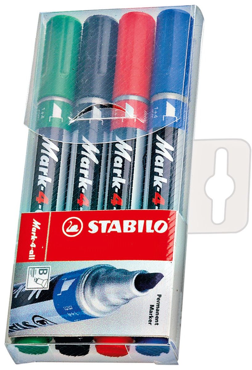 Stabilo Набор перманентных маркеров Mark 1-4 мм 4 цвета653/4 Stabilo Набор перманентных маркеров Mark 1-4 мм 4 цвета653/4Заправляемый маркер Stabilo Mark со скошенным наконечником. Несмываемые чернила. Для рисования и маркировки практически на любых поверхностях. Надписи мгновенно высыхают и не размазываются. Высокая морозостойкость, светостойкость и влагостойкость чернил. Чернила на спиртовой основе обладают нейтральным запахом. Скошенный наконечник позволяет проводить линии толщиной от 1 до 4 мм.