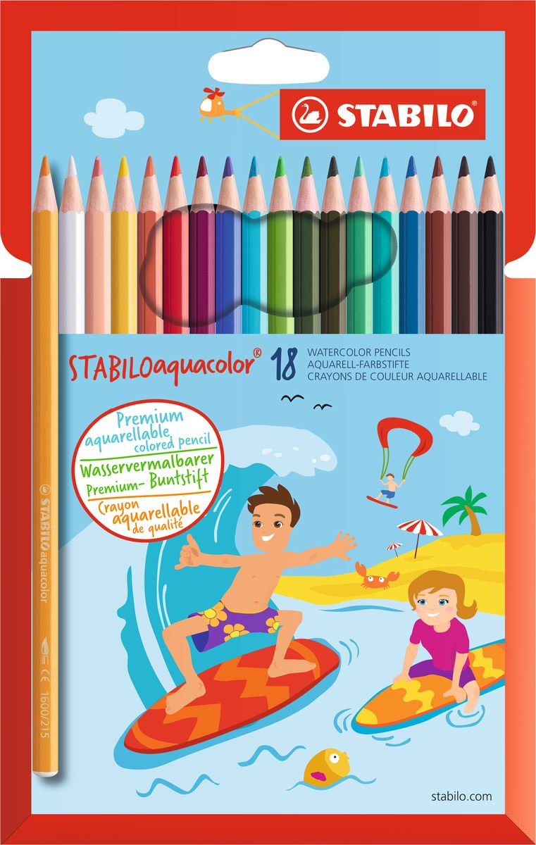 STABILO Набор акварельных карандашей Aquacolor 18 цветов1618-6 STABILO Набор акварельных карандашей Aquacolor 18 цветов1618-6Для создания рисунков с эффектом акварельных красок, надо растушевать рисунок кистью с водой или увлажнить бумагу перед рисованием. Идеально подходит для рисования в качестве классического цветного карандаша благодаря насыщенным цветам и мягкому грифелю, обеспечивающему легкость нанесения и отличную смешиваемость цветов.