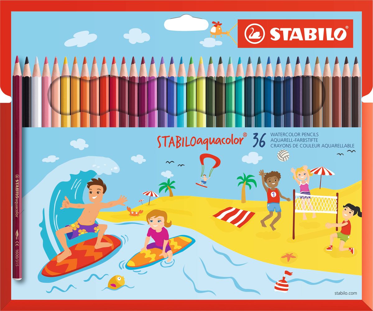 STABILO Набор акварельных карандашей Aquacolor 36 цветов1636-6 STABILO Набор акварельных карандашей Aquacolor 36 цветов1636-6Для создания рисунков с эффектом акварельных красок, надо растушевать рисунок кистью с водой или увлажнить бумагу перед рисованием. Идеально подходит для рисования в качестве классического цветного карандаша благодаря насыщенным цветам и мягкому грифелю, обеспечивающему легкость нанесения и отличную смешиваемость цветов.