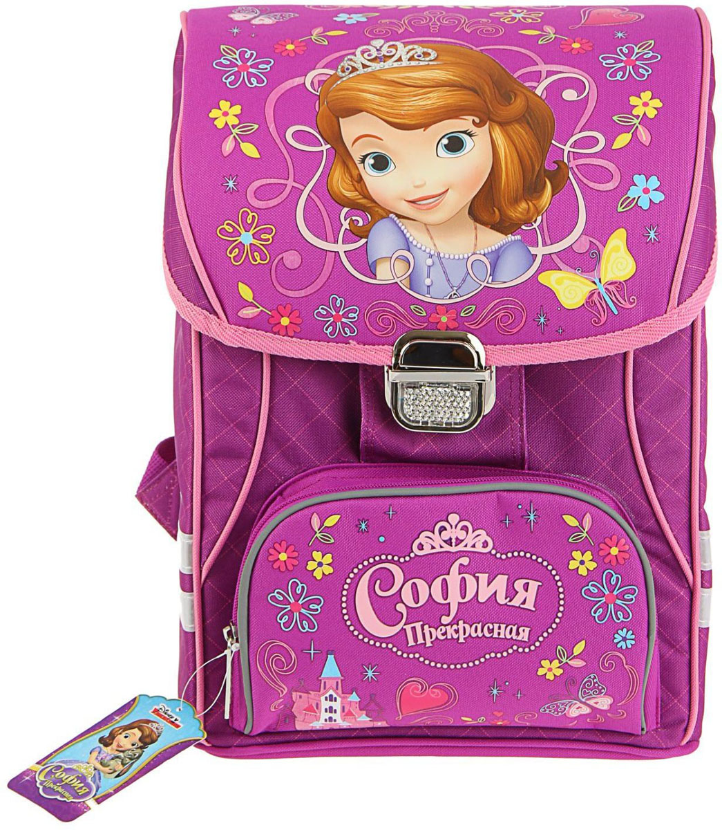 Disney Ранец школьный София Прекрасная цвет фуксия1399011 Disney Ранец школьный София Прекрасная цвет фуксия1399011Школьный ранец Disney София Прекрасная выполнен из легкого и прочного материала.Ранец имеет одно основное отделение, закрывающееся клапаном на замок-защелку со светоотражающим элементом. Клапан полностью откидывается, что существенно облегчает пользование ранцем. На внутренней части клапана находится прозрачный пластиковый кармашек, в который можно поместить данные о владельце ранца или расписание занятий. Внутри главного отделения расположены два мягких отсека для тетрадей или учебников, которые фиксируются хлястиком на липучке. Дно ранца можно сделать жестким, разложив специальную панель с пластиковой вставкой, что повышает сохранность содержимого ранца и способствует правильному распределению нагрузки. На лицевой стороне ранца расположен накладной карман на застежке-молнии.Ортопедическая спинка, созданная по специальной технологии из дышащего материала, равномерно распределяет нагрузку на плечевые суставы и спину. В нижней части спинки расположен поясничный упор - небольшой валик, на который при правильном ношении ранца будет приходиться основная нагрузка.Изделие оснащено удобной ручкой для переноски в руке и двумя широкими лямками регулируемой длины. У ранца имеются светоотражатели.