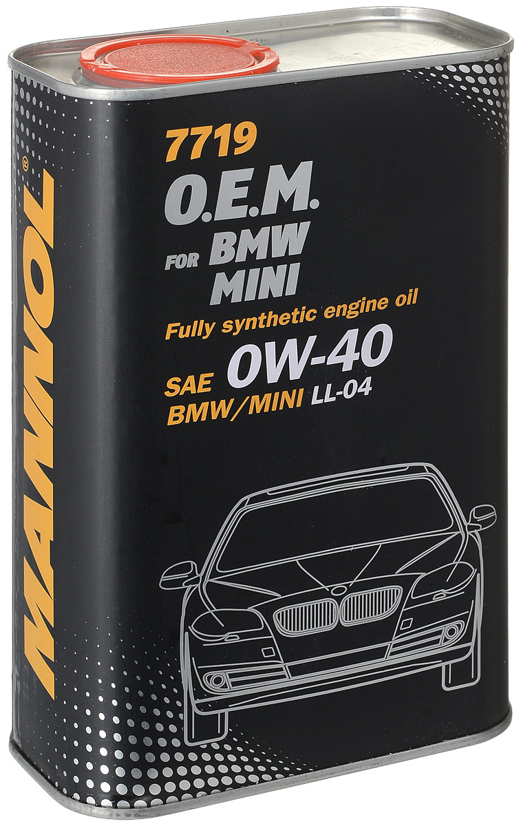 Моторное масло MANNOL 7719 O.E.M. BMW, Mini, 0W-40, синтетическое, 1 л4064 Моторное масло MANNOL 7719 O.E.M. BMW, Mini, 0W-40, синтетическое, 1 л4064Синтетическое моторное масло нового поколения, специально разработанное для использования в бензиновых и дизельных двигателях автомобилей BMW и MINI. Высокотехнологичный пакет присадок (low SAPS – низкое содержание серы, золы и фосфора) обеспечивает оптимальную работу систем защиты окружающей среды, а также фильтров твердых частиц (DPF).Спецификации производителей автомобилей BMW Longlife-04 / BMW LL-04, MB Approval 229.51 / MB 229.51, MB Approval 229.31 / MB 229.31, PORSCHE A40, VW/AUDI 502 00, VW/AUDI 505 00, GM-LL-B-025, GM-LL-A-025, GM Dexos 2, FORD M2C937-A, Fiat 9.55535-S2